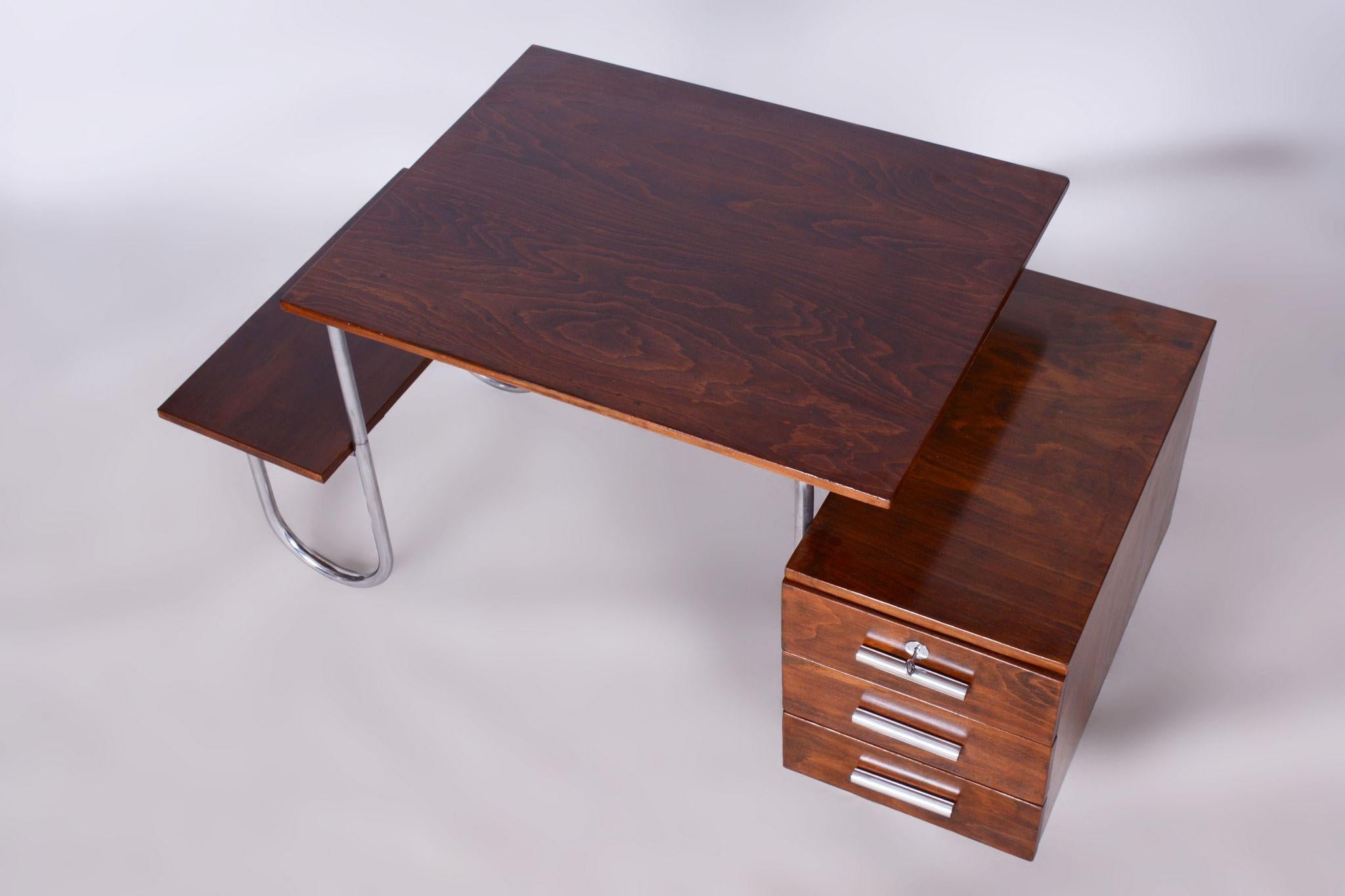 Restored Bauhaus Writing Desk, by Robert Slezak, Beech, Chrome, Czech, 1930s For Sale 7