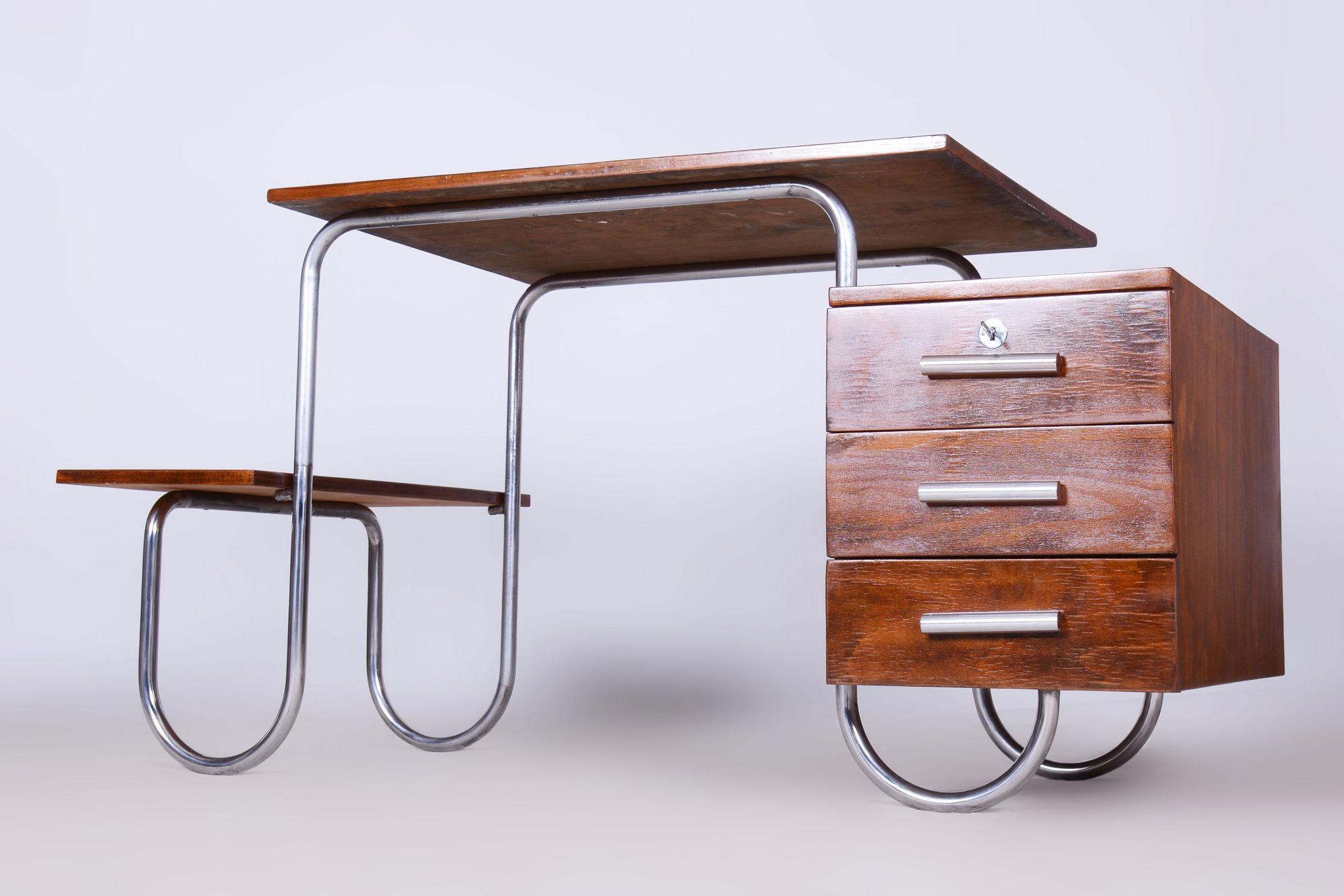 Restored Bauhaus Writing Desk, by Robert Slezak, Beech, Chrome, Czech, 1930s For Sale 10