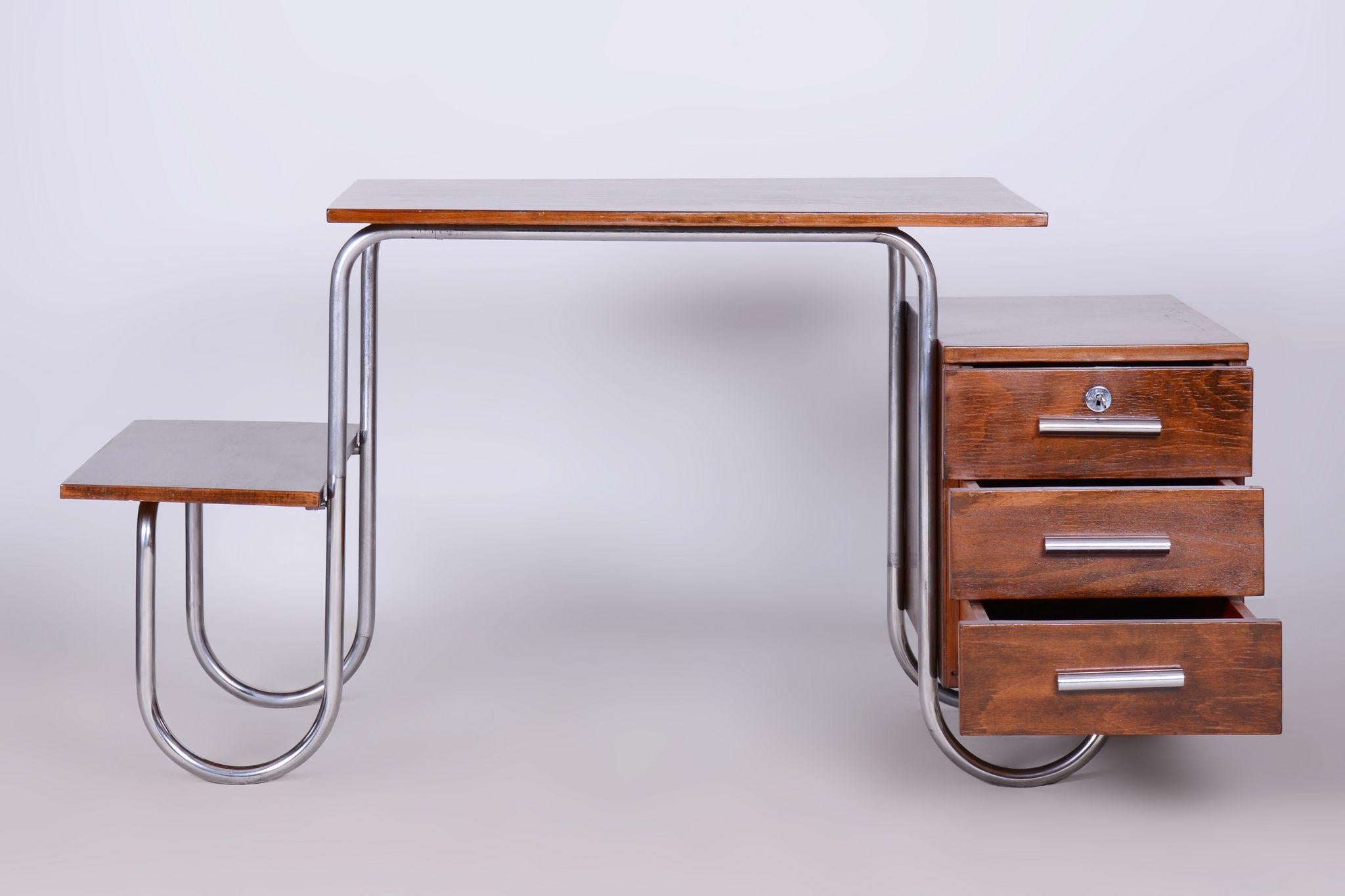 20th Century Restored Bauhaus Writing Desk, by Robert Slezak, Beech, Chrome, Czech, 1930s For Sale