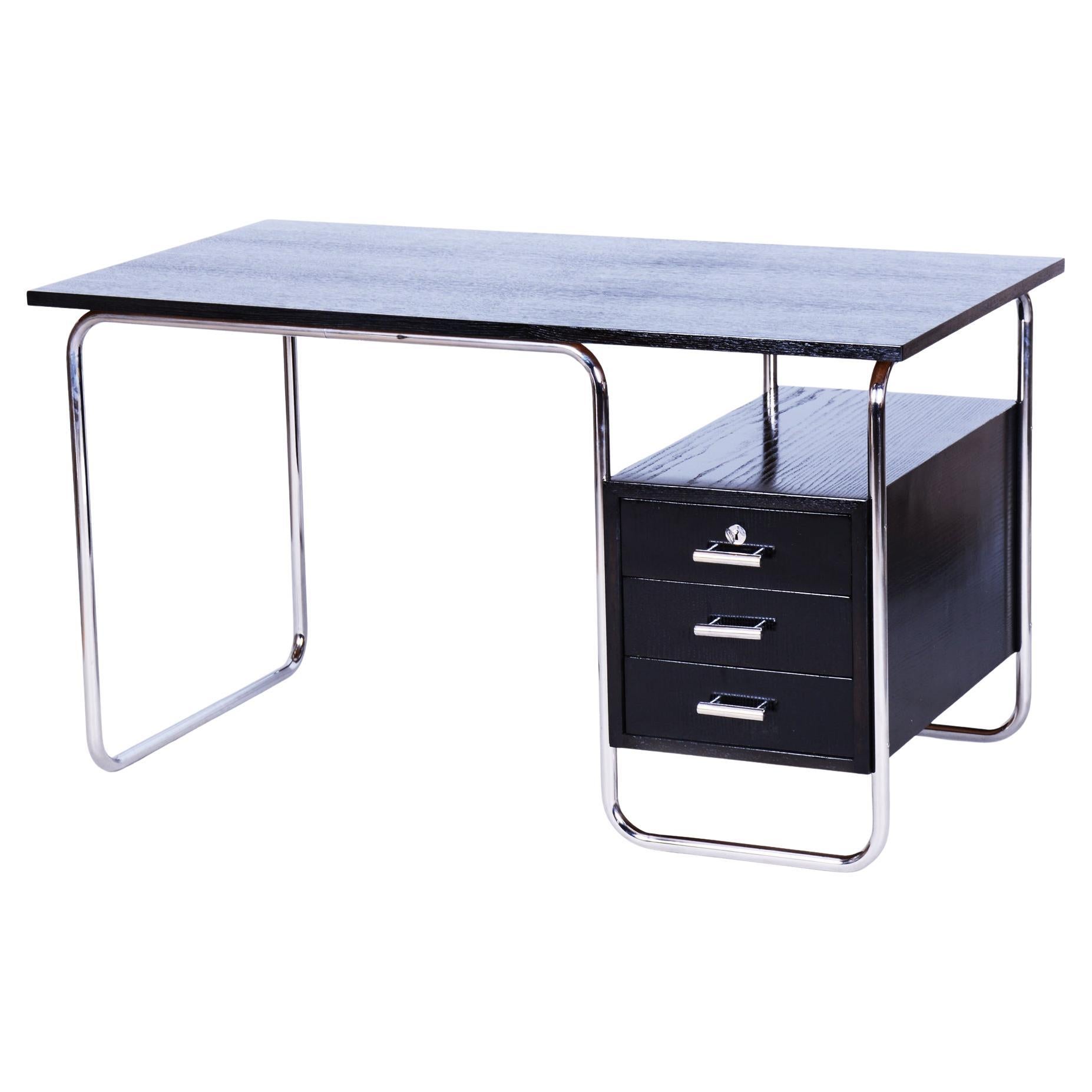 Restored Bauhaus Writing Desk, by Robert Slezák, Beech, Chrome, Czech, 1930s