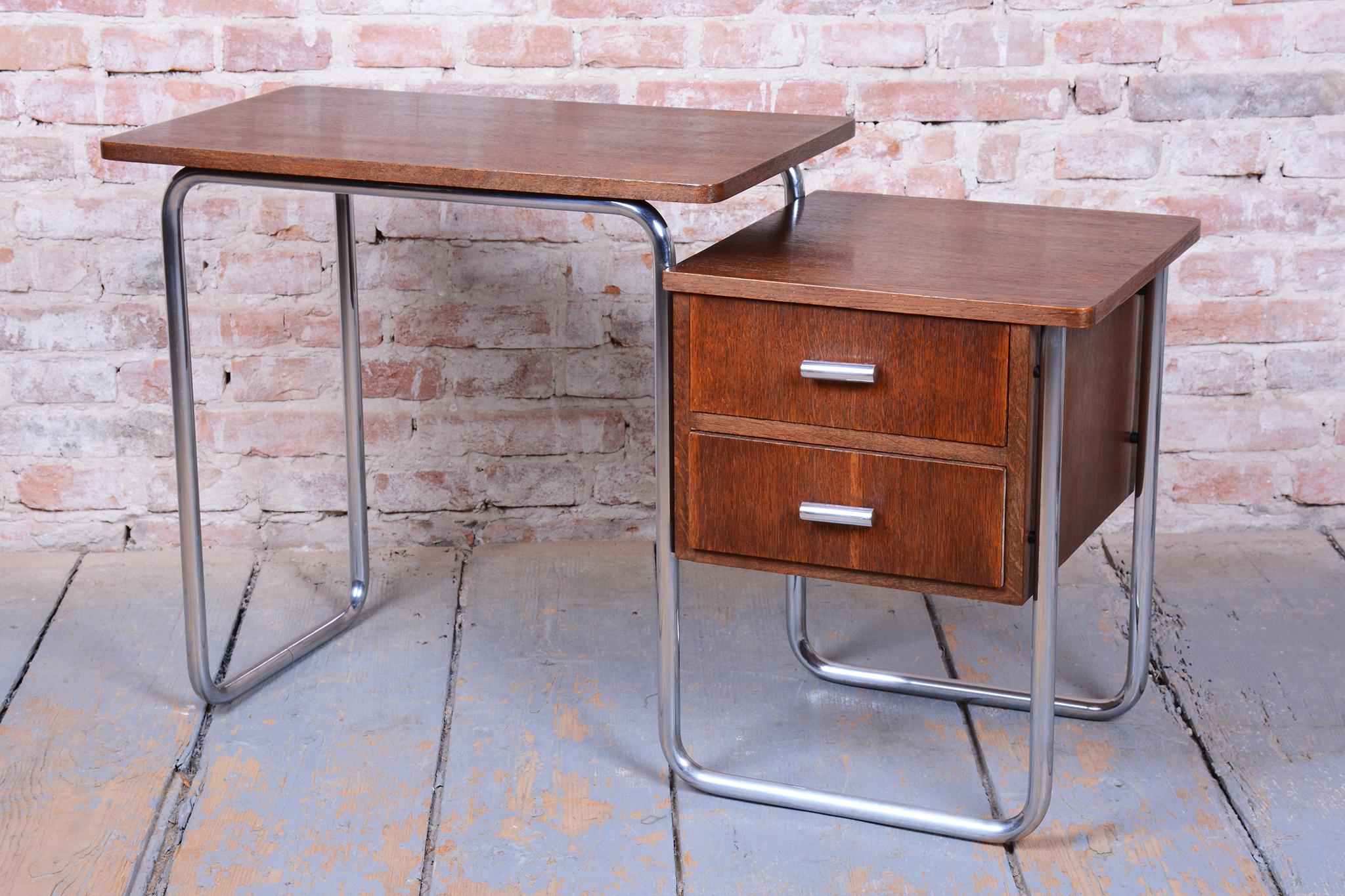 20th Century Restored Bauhaus Writing Desk, by Robert Slezák, Oak, Chrome, Czech, 1930s For Sale