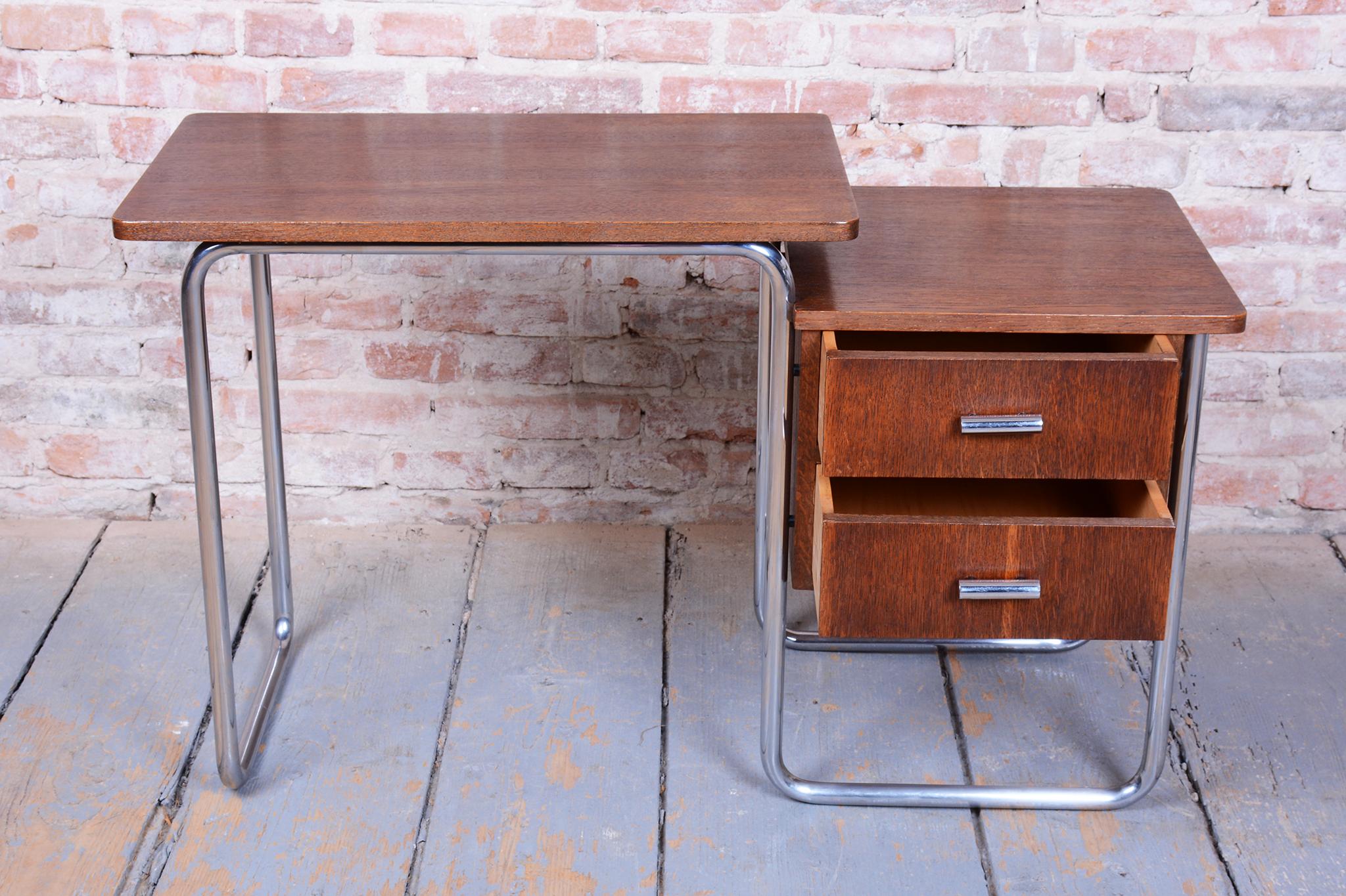 Steel Restored Bauhaus Writing Desk, by Robert Slezák, Oak, Chrome, Czech, 1930s For Sale