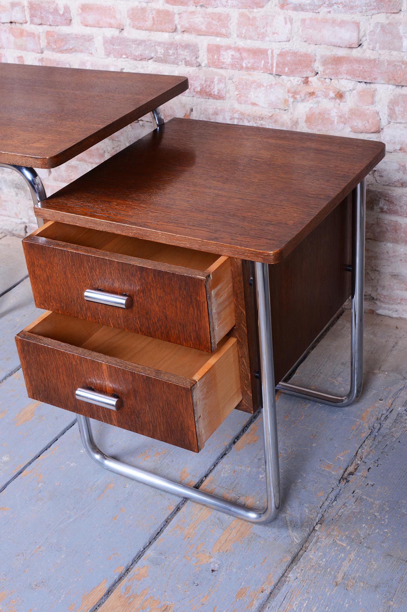 Restored Bauhaus Writing Desk, by Robert Slezák, Oak, Chrome, Czech, 1930s For Sale 1