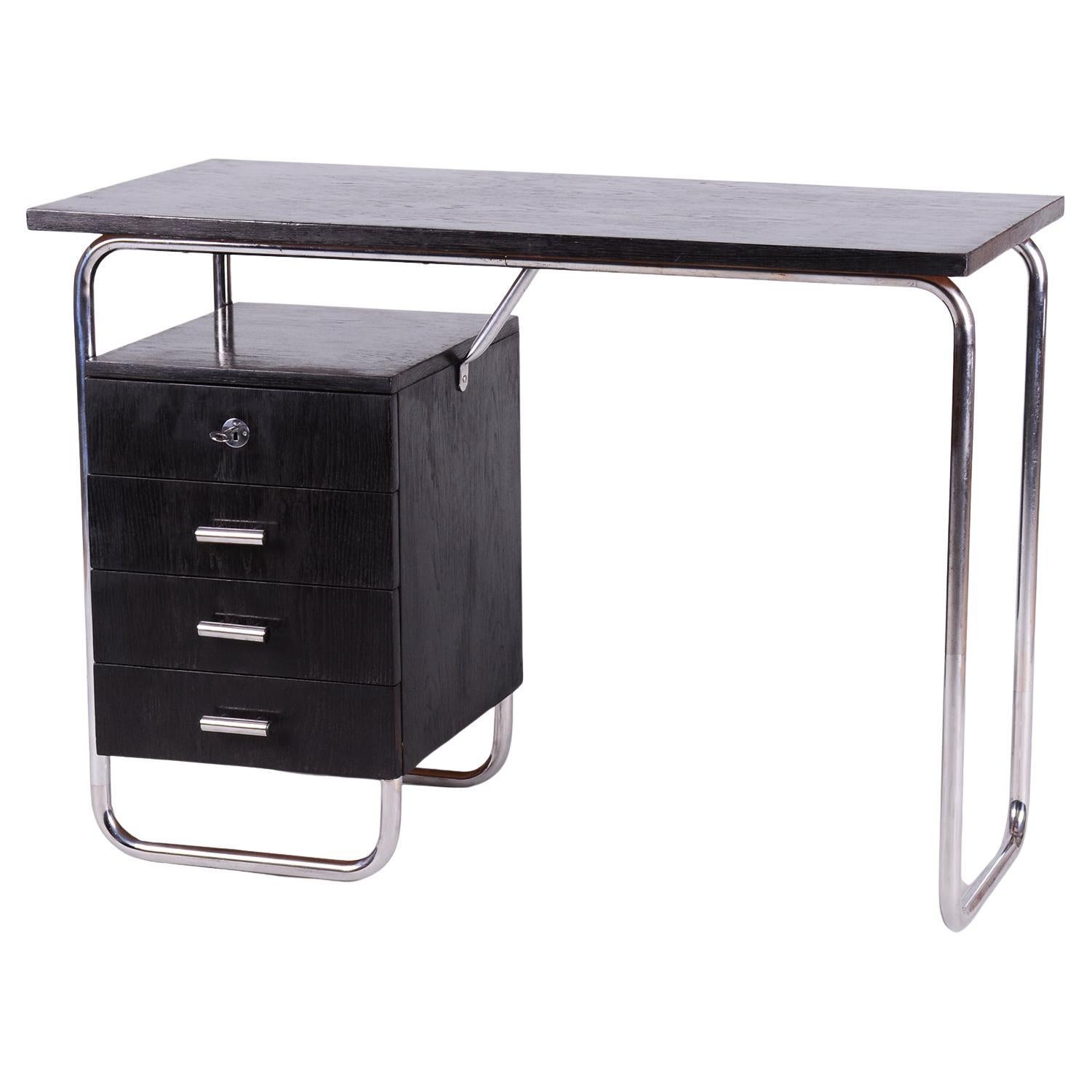 Restored Bauhaus Writing Desk, by Robert Slezák, Oak, Chrome, Czech, 1930s