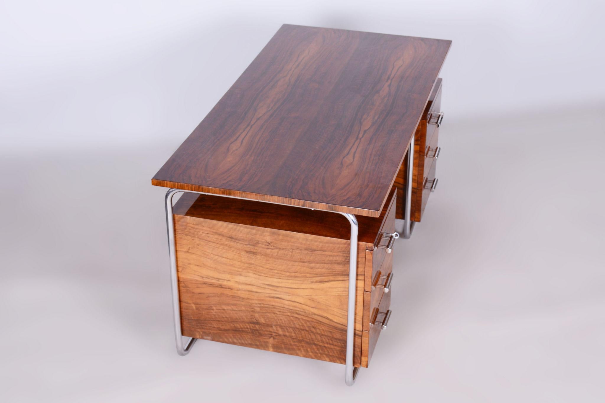 Restored Bauhaus Writing Desk, by Robert Slezák, Walnut, Chrome, Czech, 1930s For Sale 9