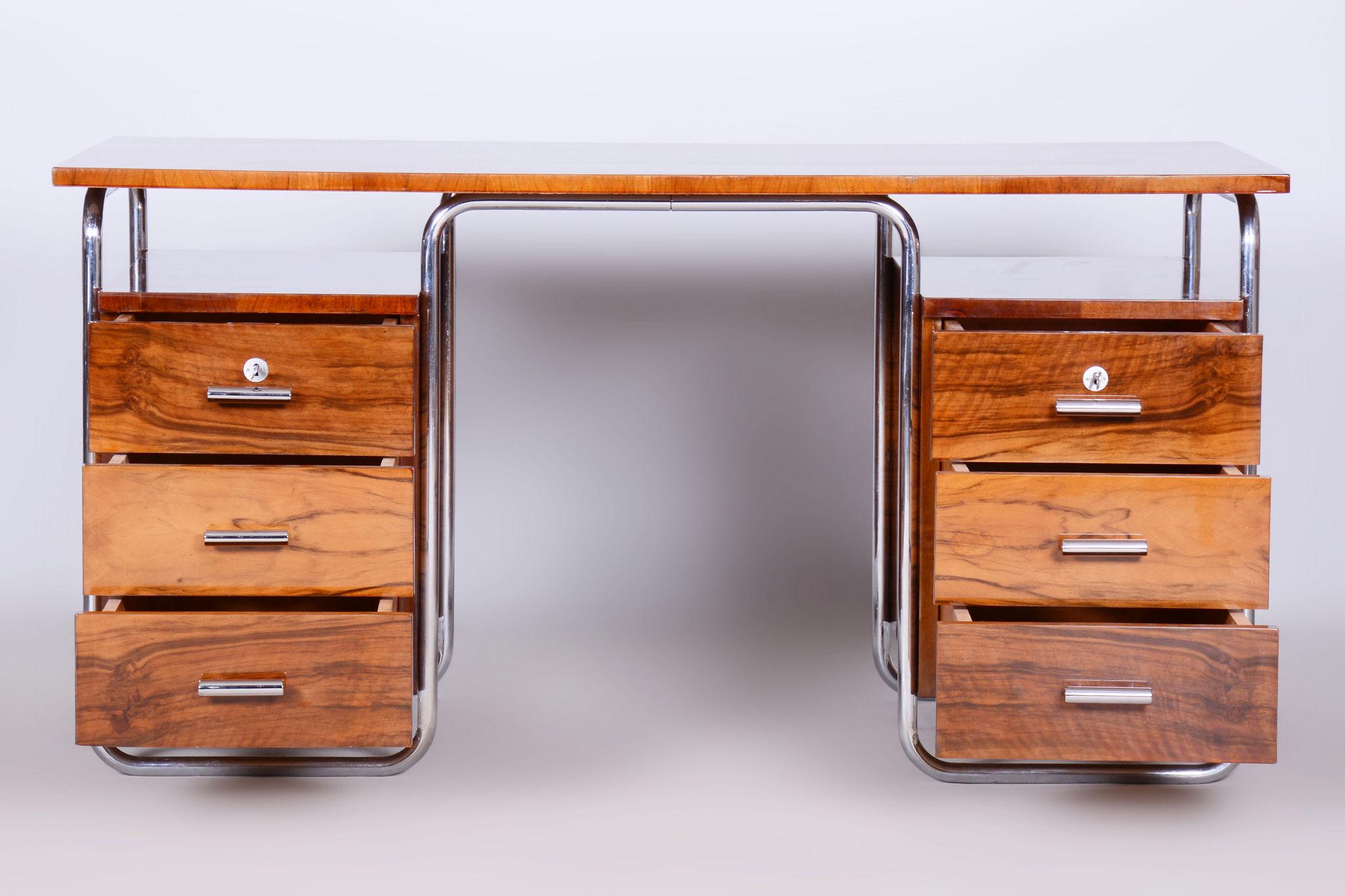 20th Century Restored Bauhaus Writing Desk, by Robert Slezák, Walnut, Chrome, Czech, 1930s For Sale