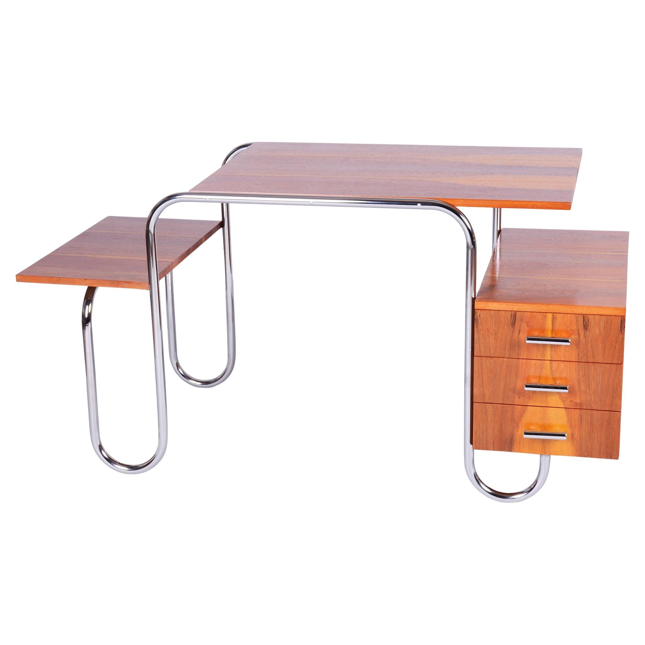 Restored Bauhaus Writing Desk, by Robert Slezak, Walnut, Chrome, Czech, 1940s For Sale
