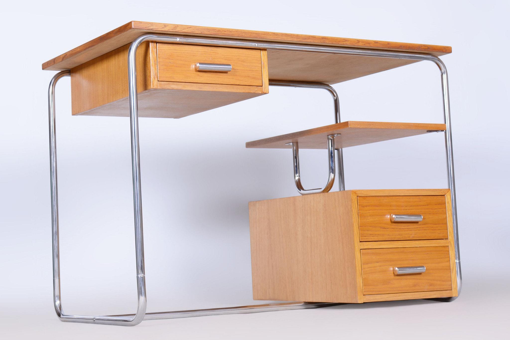 Restored Bauhaus Writing Desk, Oak, Chrome-Plated Steel, Germany, 1930s For Sale 6