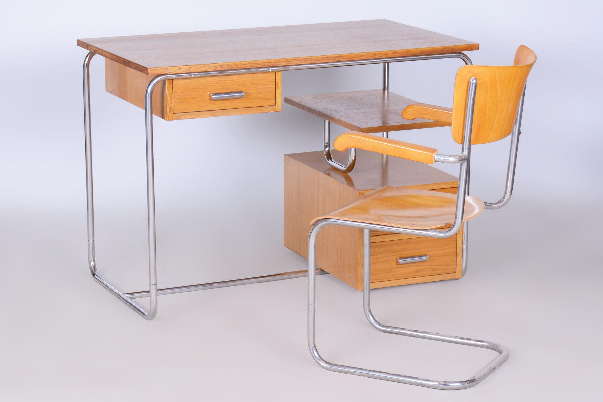 Restored Bauhaus Writing Desk, Oak, Chrome-Plated Steel, Germany, 1930s For Sale 7
