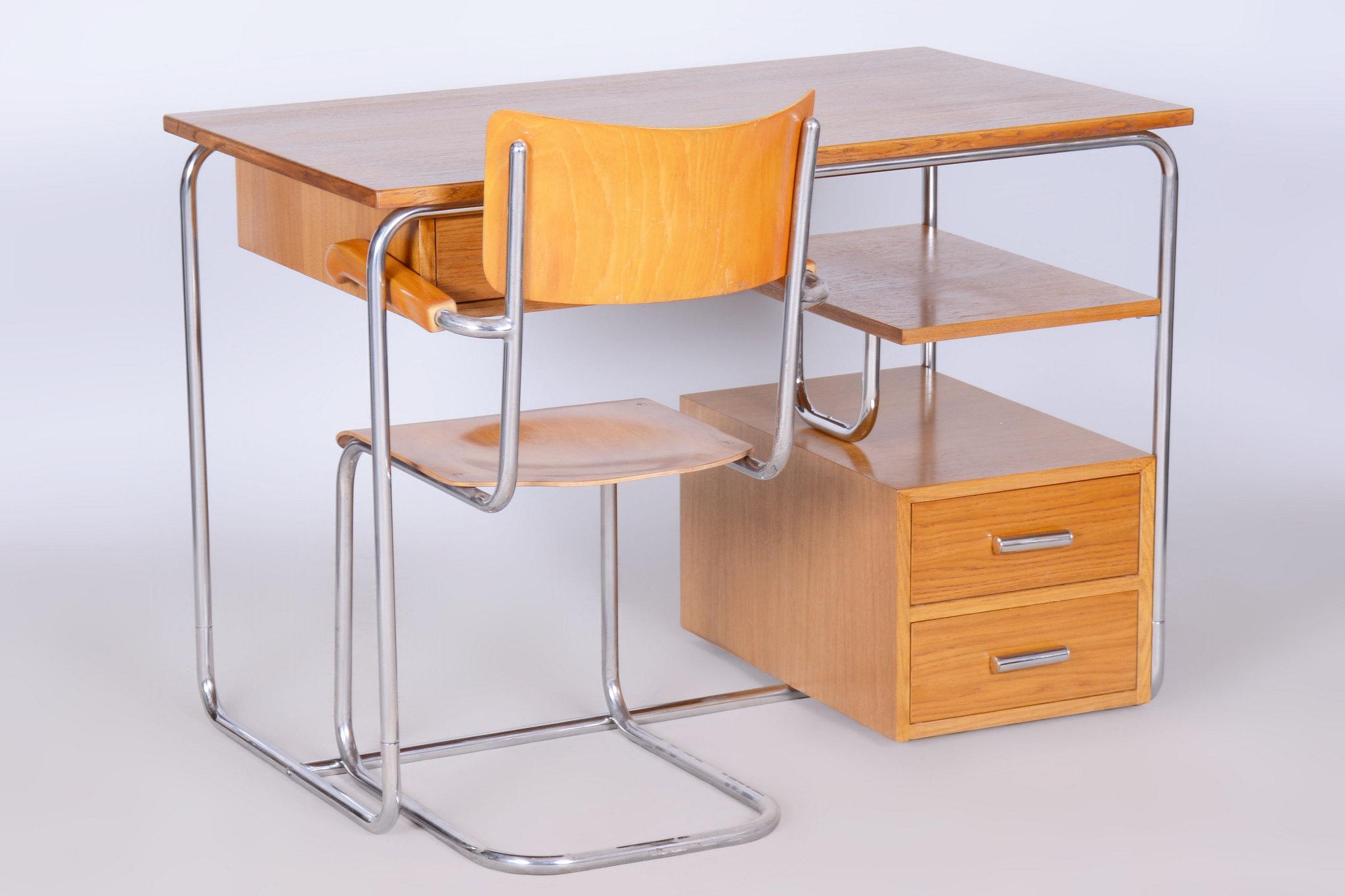 Restored Bauhaus Writing Desk, Oak, Chrome-Plated Steel, Germany, 1930s For Sale 8
