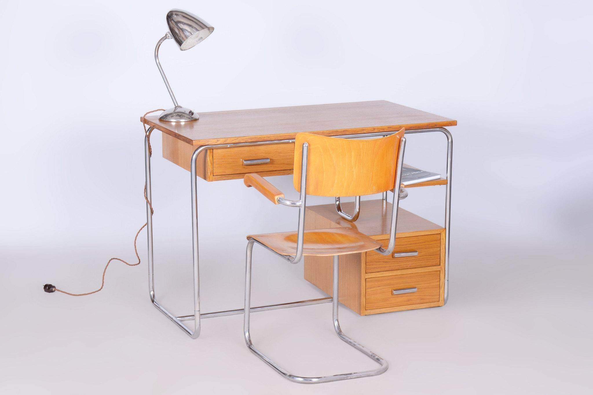 Restored Bauhaus Writing Desk, Oak, Chrome-Plated Steel, Germany, 1930s For Sale 9