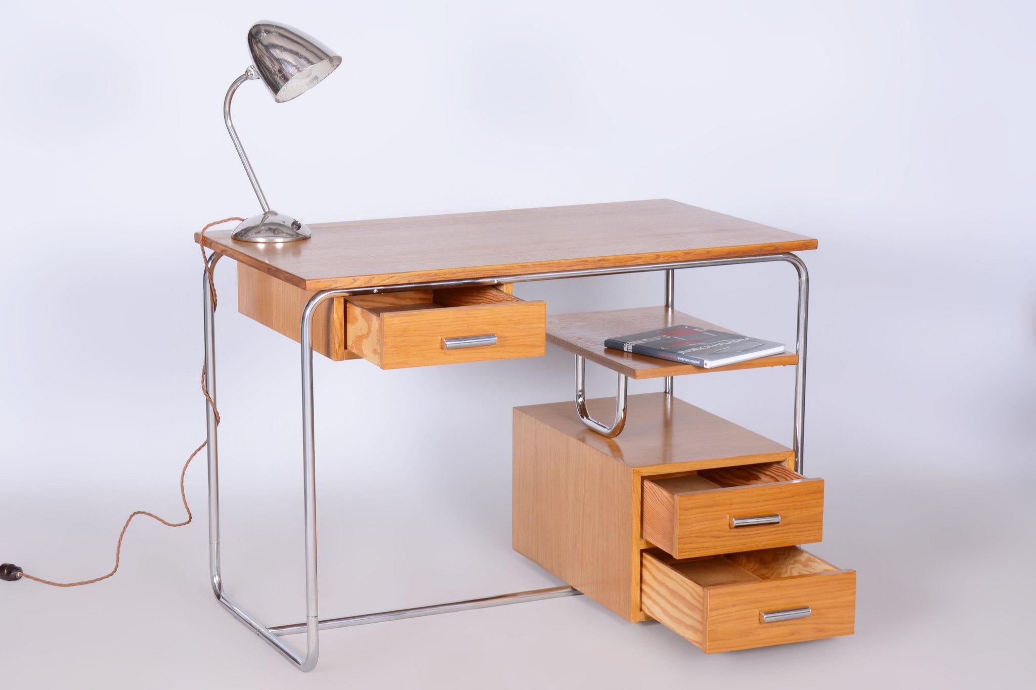 Restored Bauhaus Writing Desk, Oak, Chrome-Plated Steel, Germany, 1930s For Sale 10