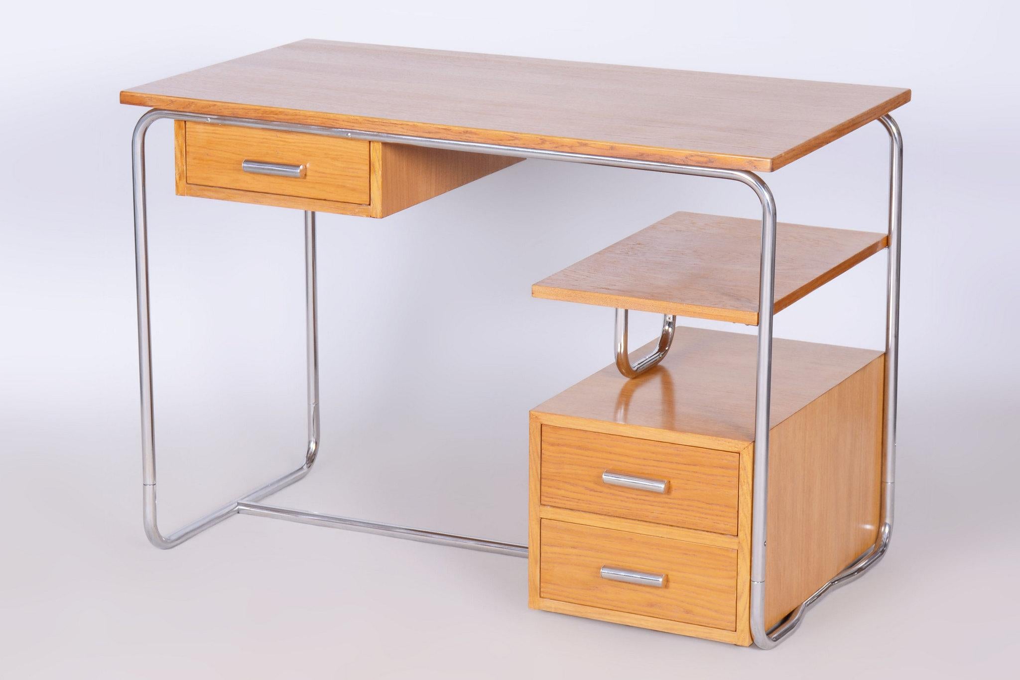 Restored Bauhaus Writing Desk, Oak, Chrome-Plated Steel, Germany, 1930s For Sale 11