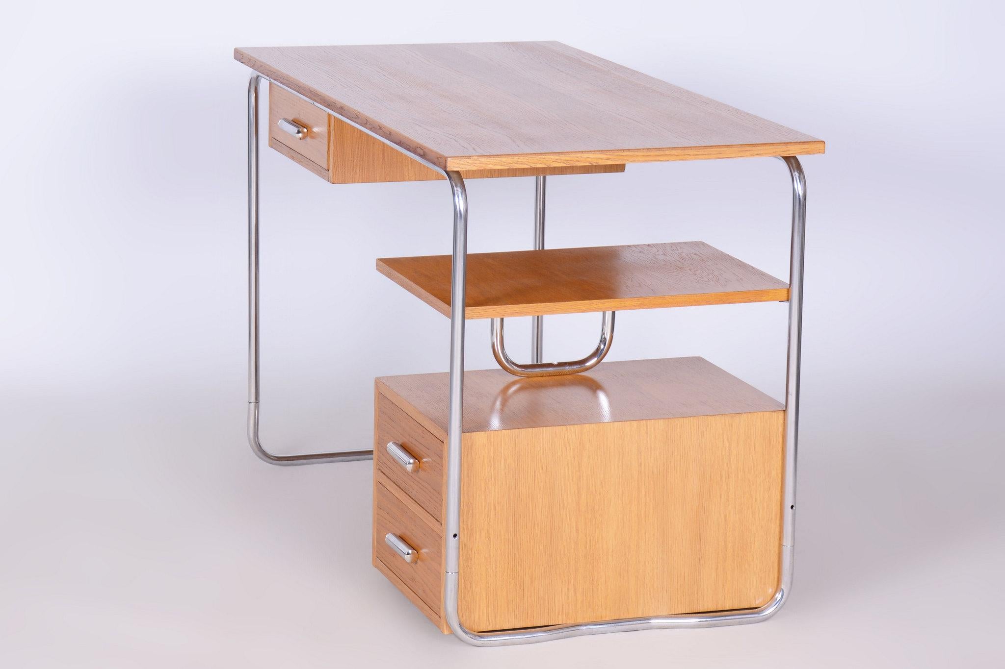 Restored Bauhaus Writing Desk, Oak, Chrome-Plated Steel, Germany, 1930s For Sale 12