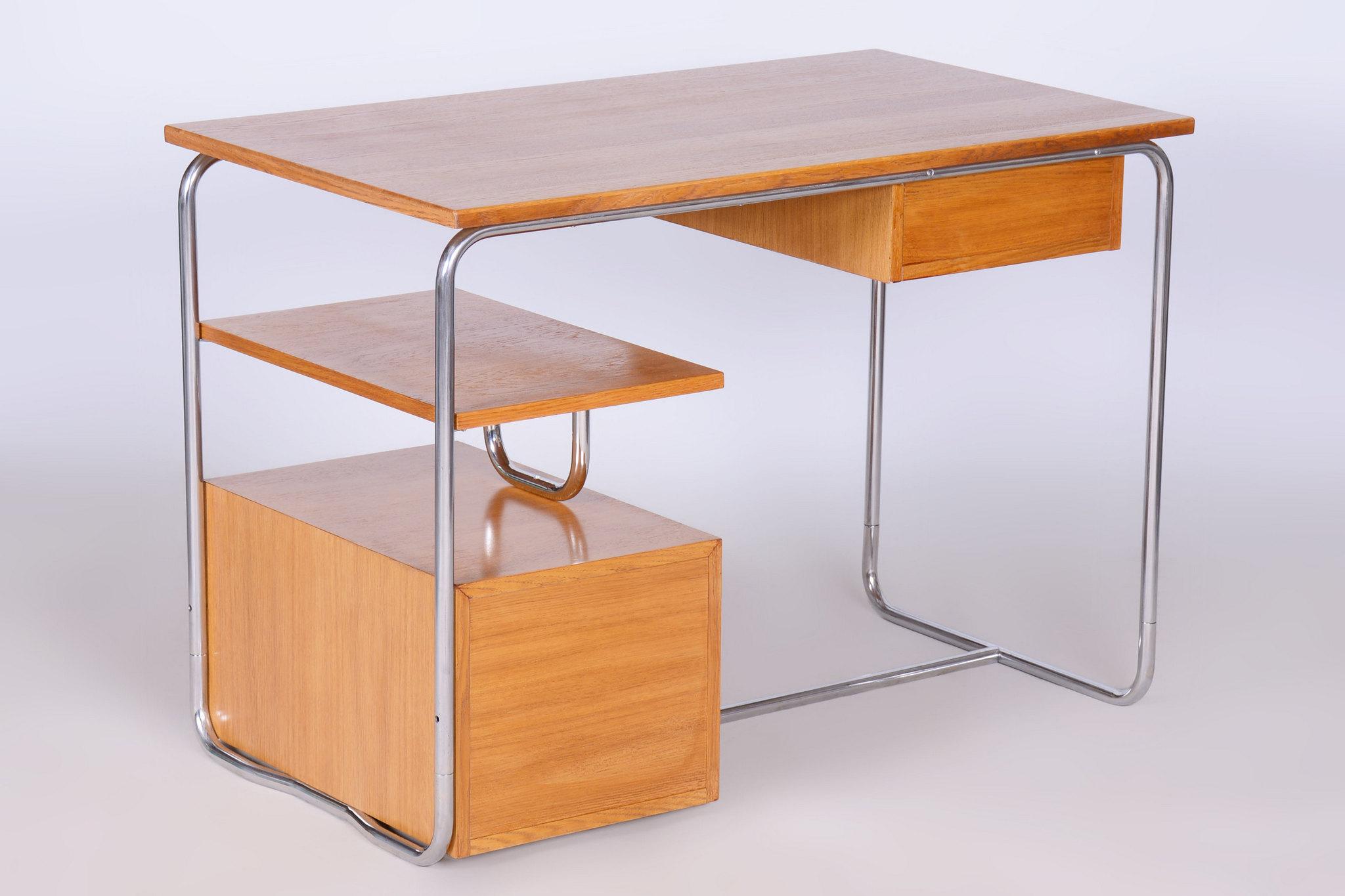 Restored Bauhaus Writing Desk, Oak, Chrome-Plated Steel, Germany, 1930s For Sale 13