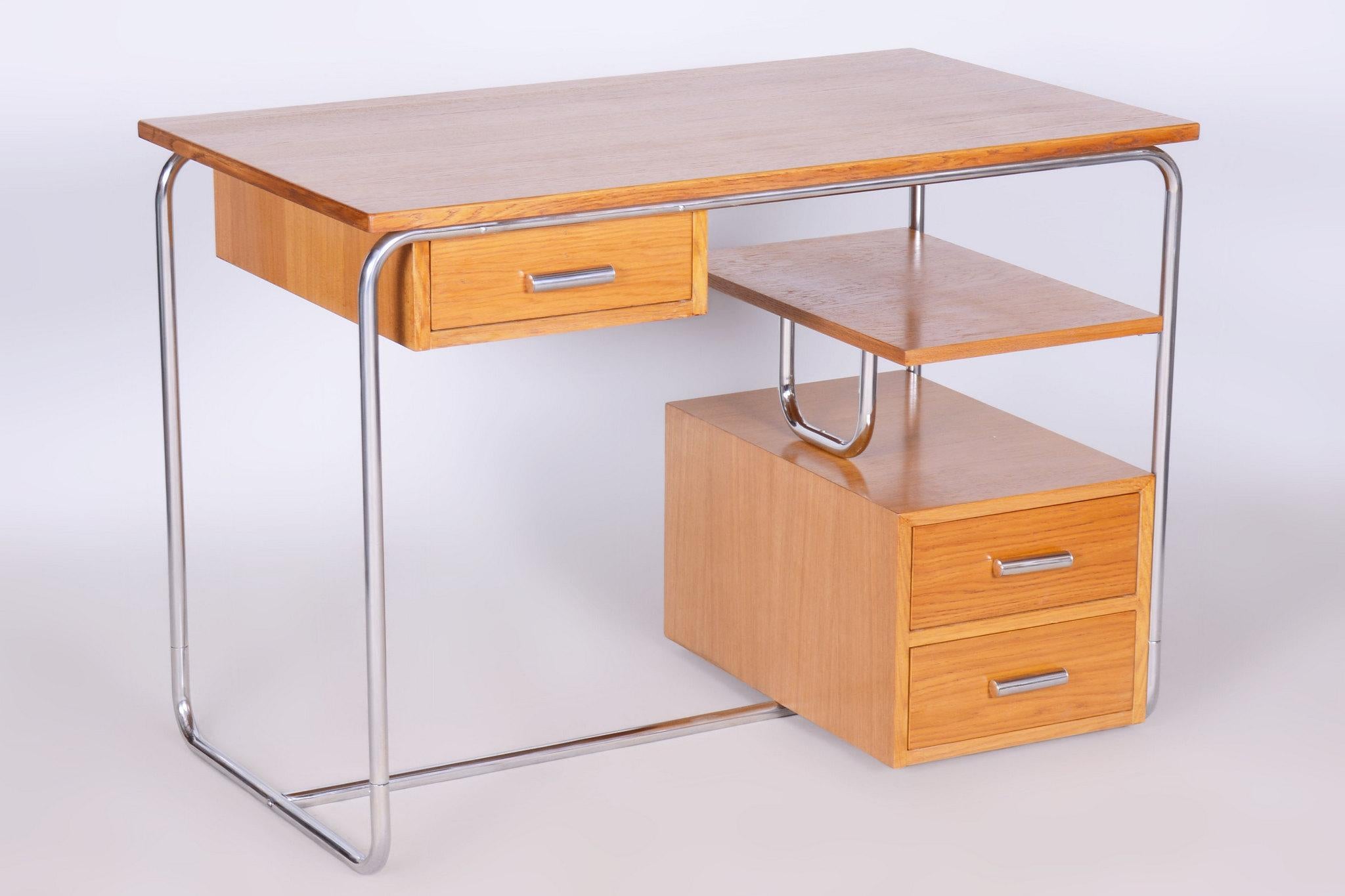 20th Century Restored Bauhaus Writing Desk, Oak, Chrome-Plated Steel, Germany, 1930s For Sale