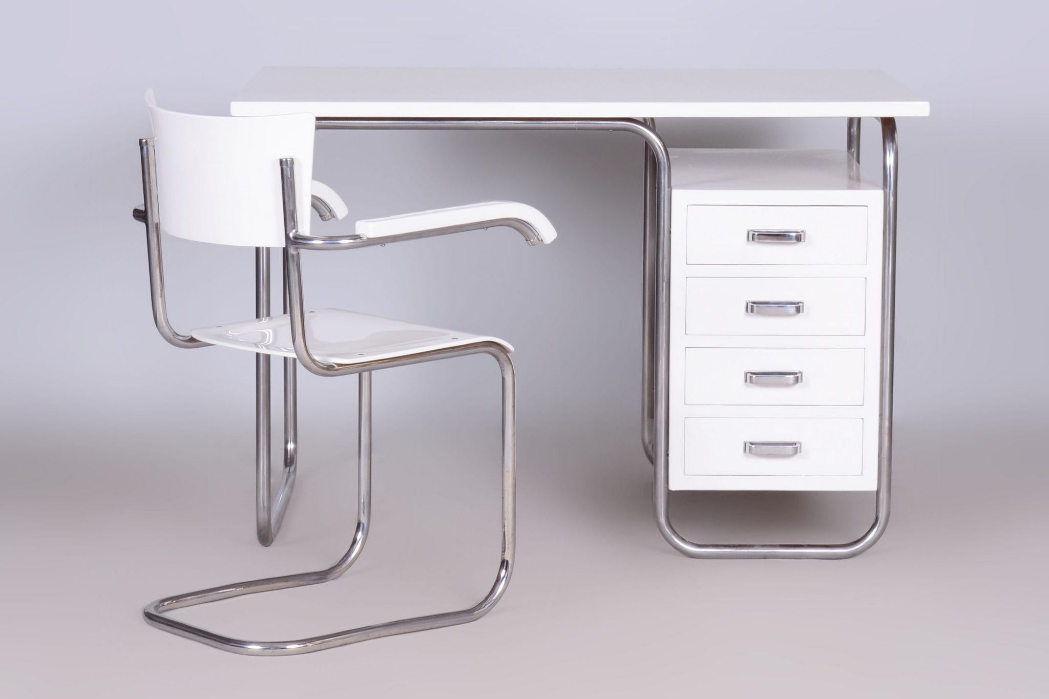 Mid-20th Century Restored Bauhaus Writing Desk With Chair, Chrome, Steel, Wood, Czech, 1930s For Sale