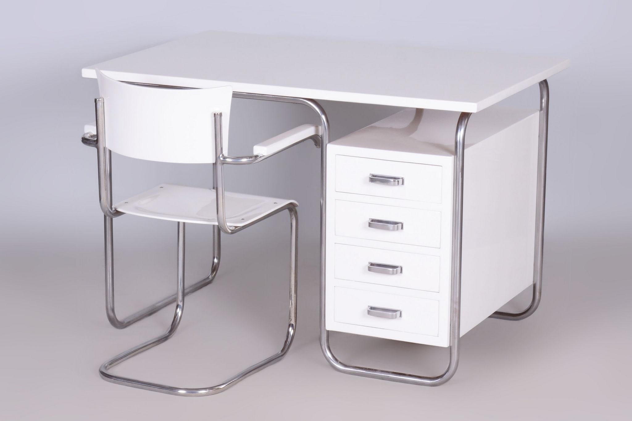 Restored Bauhaus Writing Desk With Chair, Chrome, Steel, Wood, Czech, 1930s For Sale 1