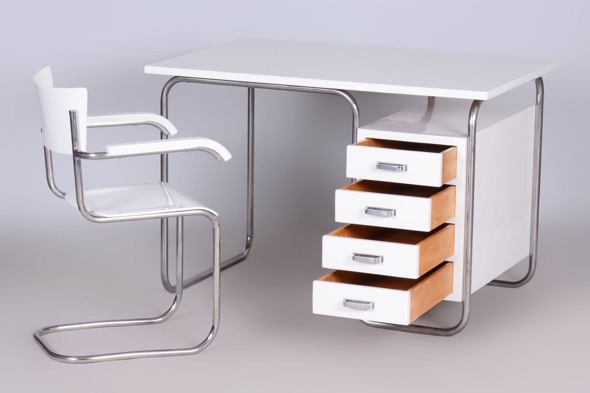 Restored Bauhaus Writing Desk With Chair, Chrome, Steel, Wood, Czech, 1930s For Sale 3