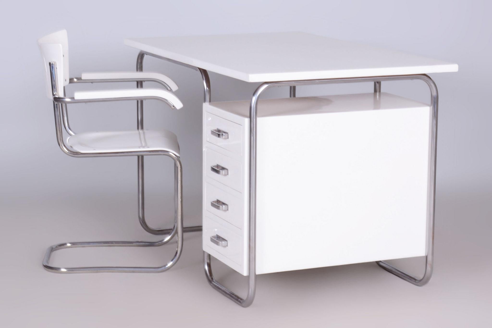 Restored Bauhaus Writing Desk With Chair, Chrome, Steel, Wood, Czech, 1930s For Sale 4