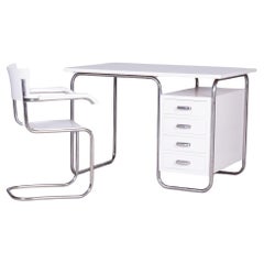 Escritorio Bauhaus Restaurado Con Silla, Cromo, Acero, Madera, Checo, Años 30