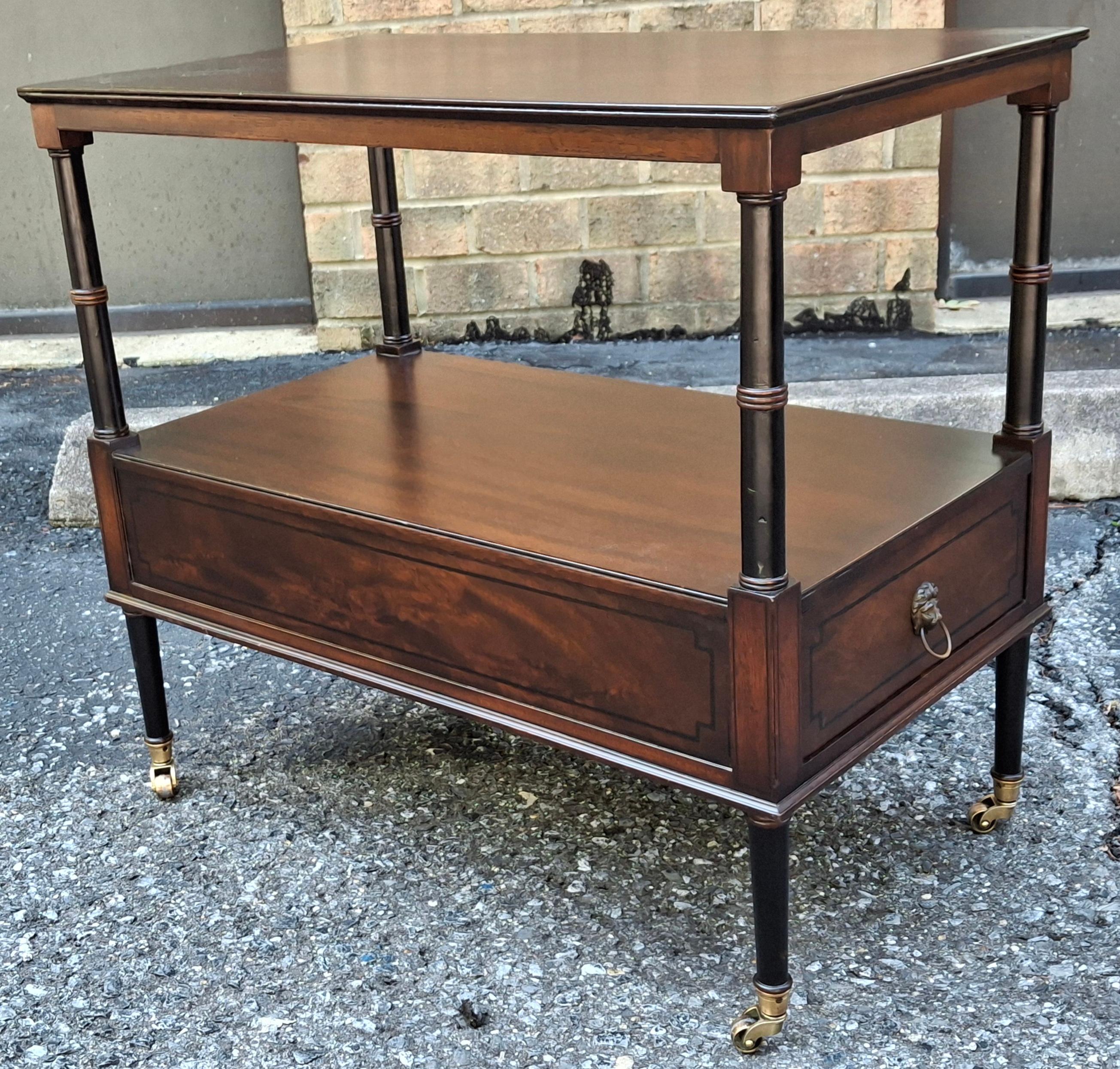 Restored Beacon Hill Collection Inlaid Mahogany Tiered  Rolling Side Table For Sale 2