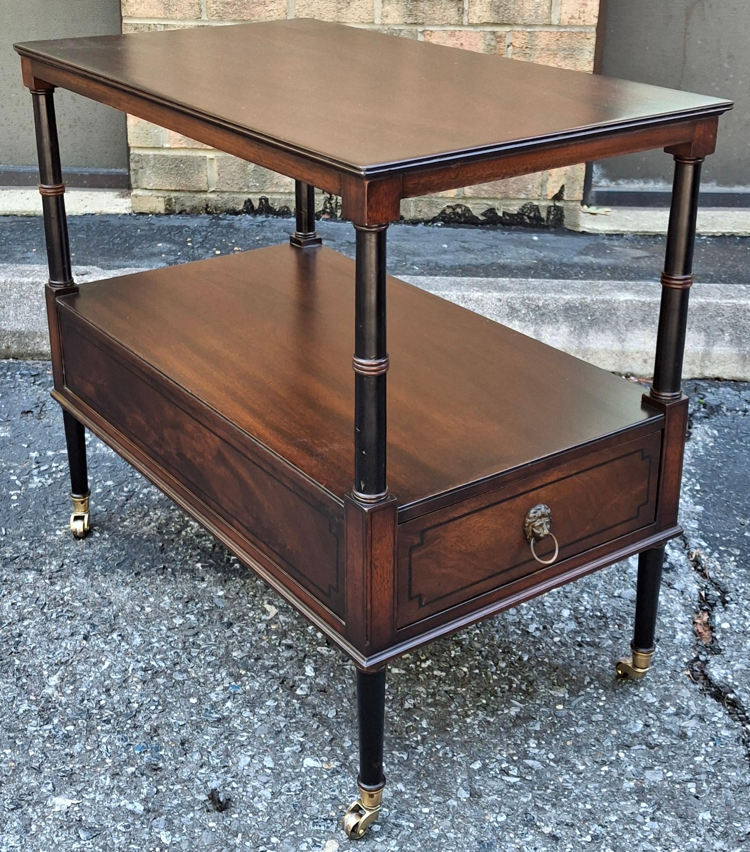 Restored Beacon Hill Collection Inlaid Mahogany Tiered  Rolling Side Table For Sale 3