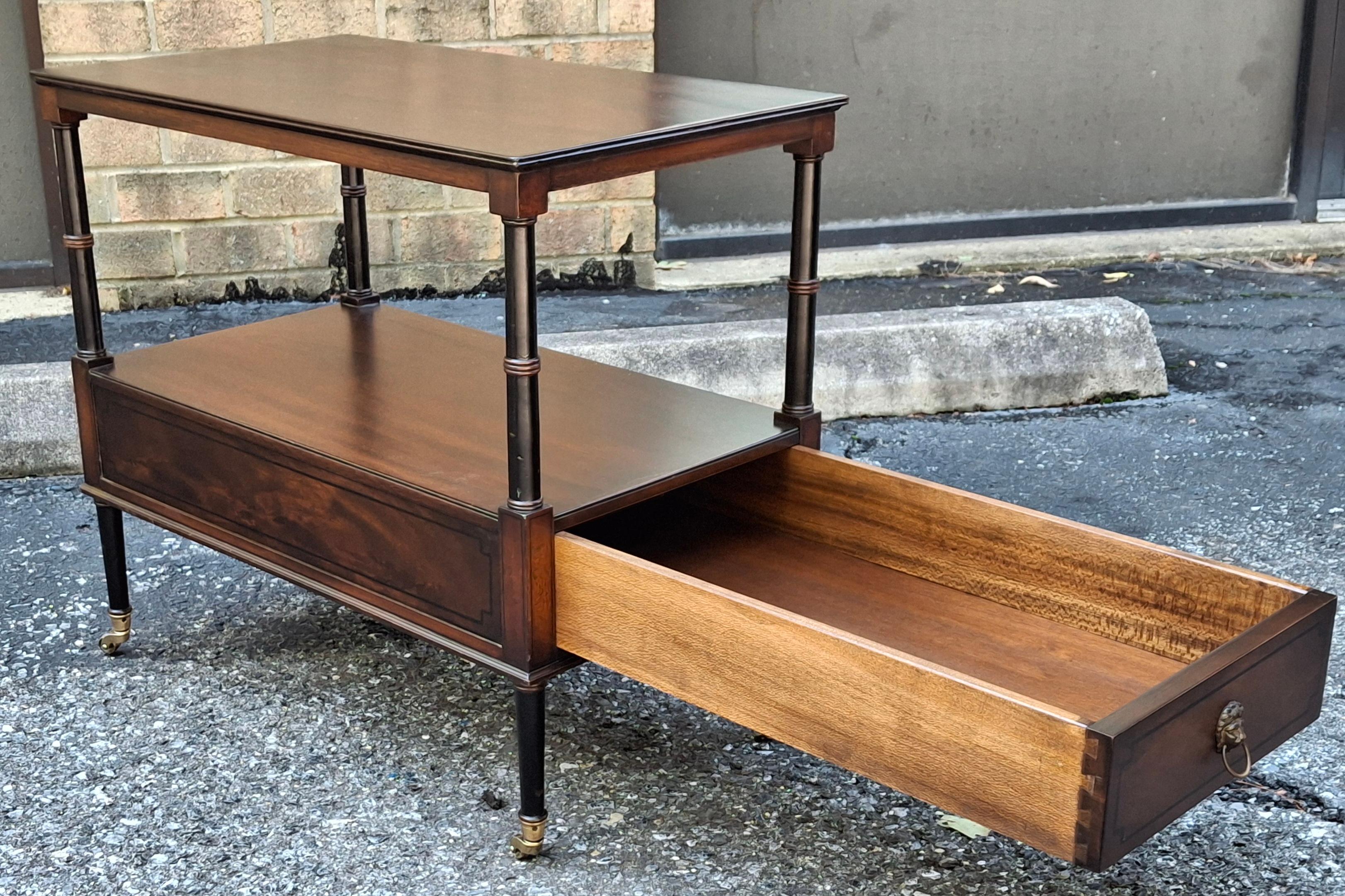 20th Century Restored Beacon Hill Collection Inlaid Mahogany Tiered  Rolling Side Table For Sale