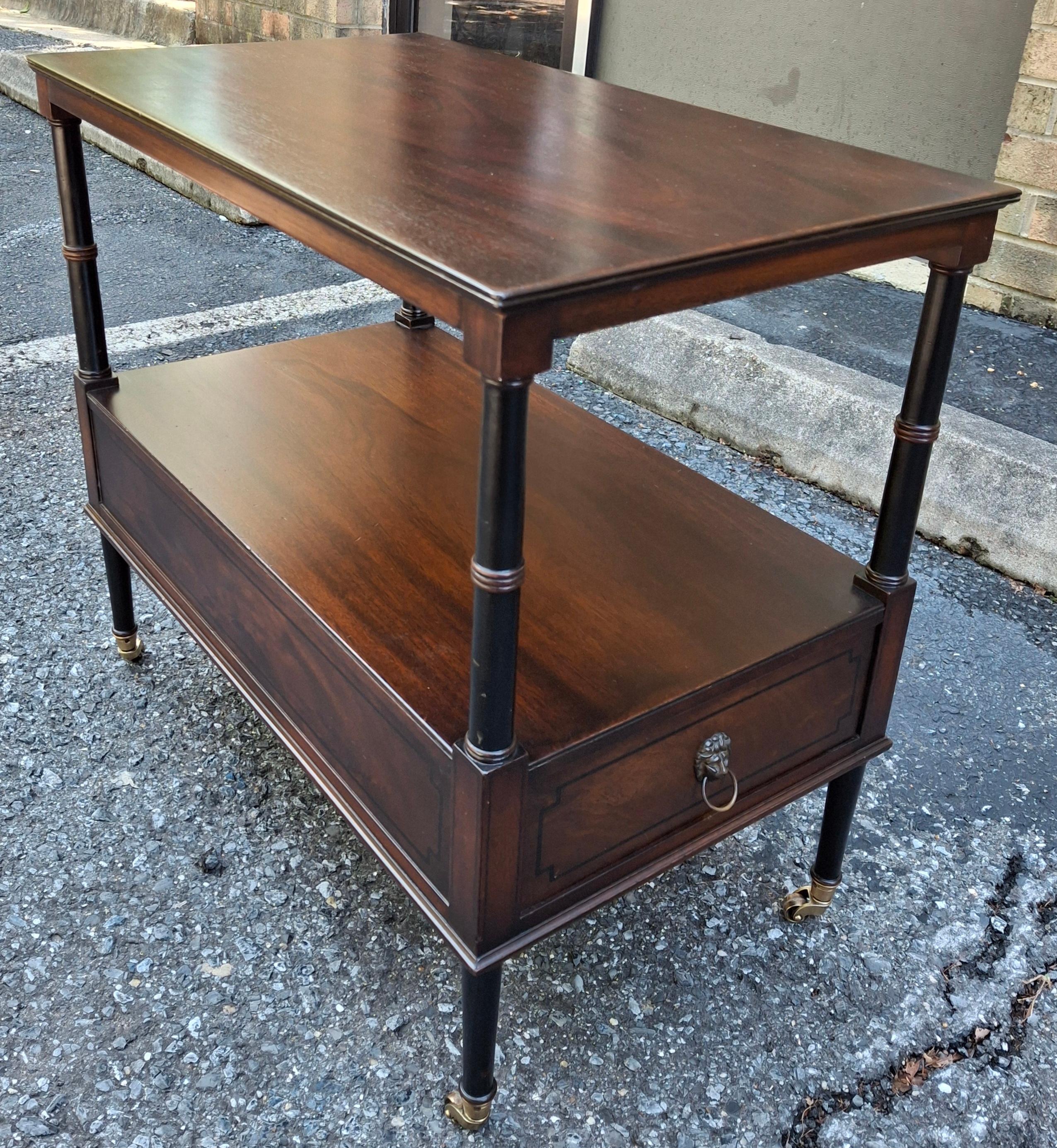 Restored Beacon Hill Collection Inlaid Mahogany Tiered  Rolling Side Table For Sale 1
