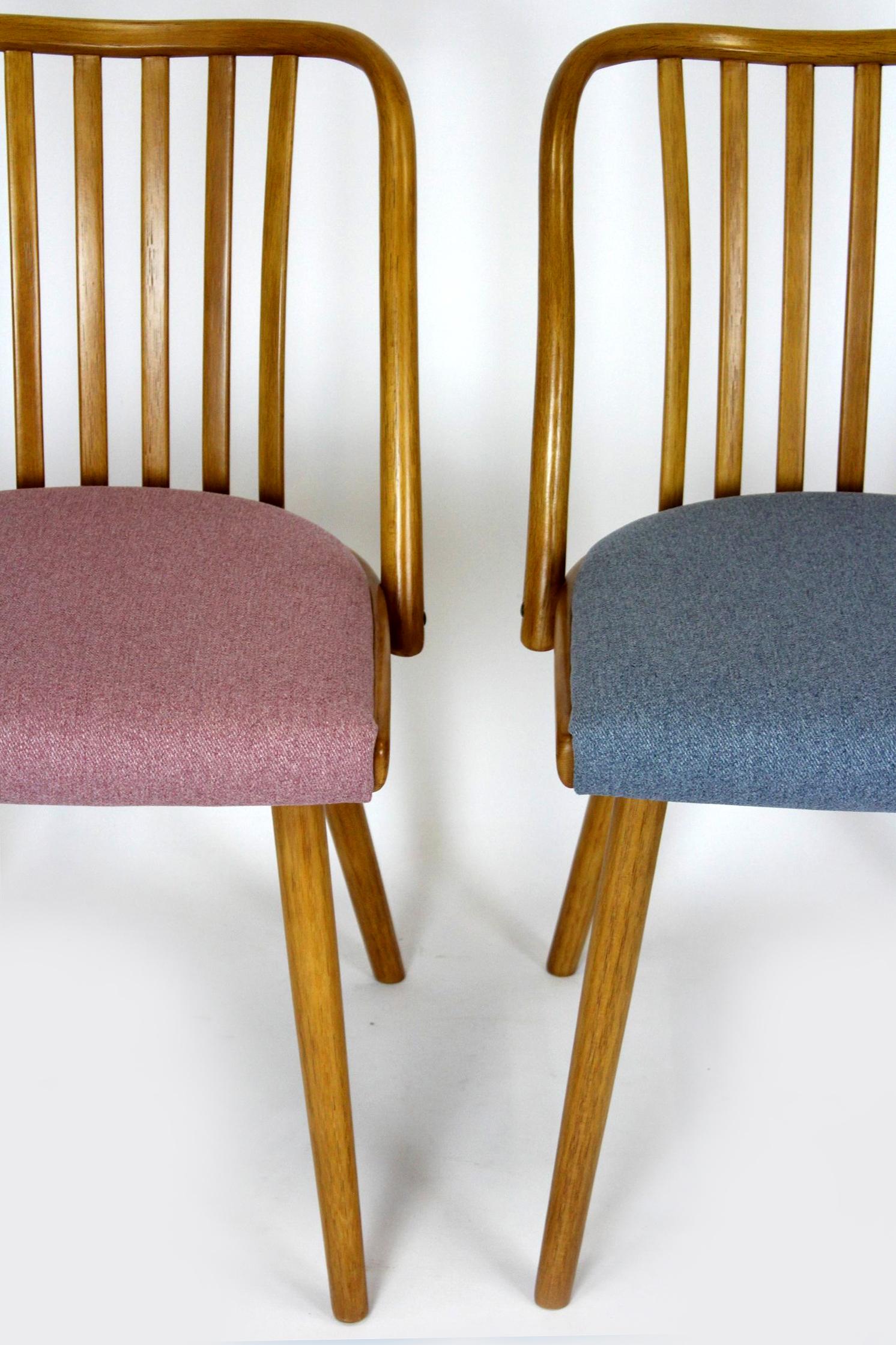 A set of four chairs made of bent beech wood. Produced in the 1960s by TON (formerly Thonet) in Czechoslovakia. The chairs have been completely restored, lacquered in a satin finish, upholstered in a new high-quality fabric in four different colors.