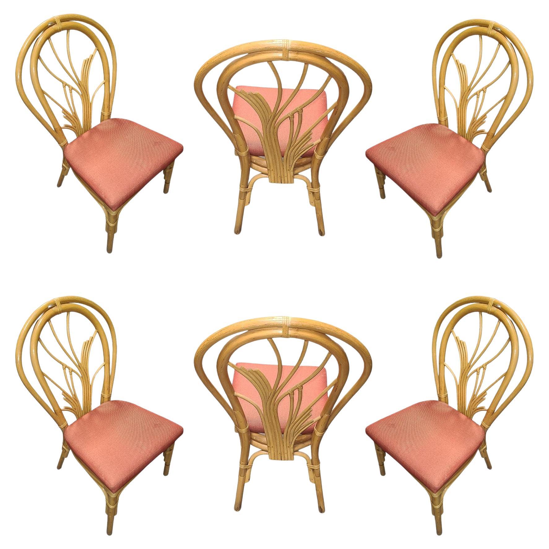 Restored Bent "Palm" Rattan Dining Side Chair, Set of 6 For Sale