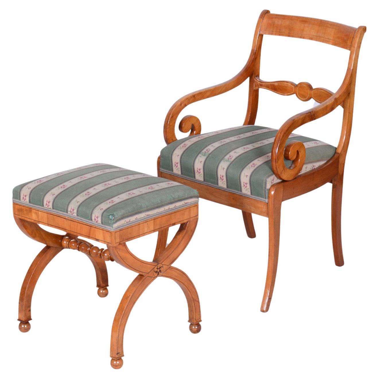 Restored Biedermeier Armchair with Stool, Beech, Oak, Cherry, Austria, 1830s For Sale