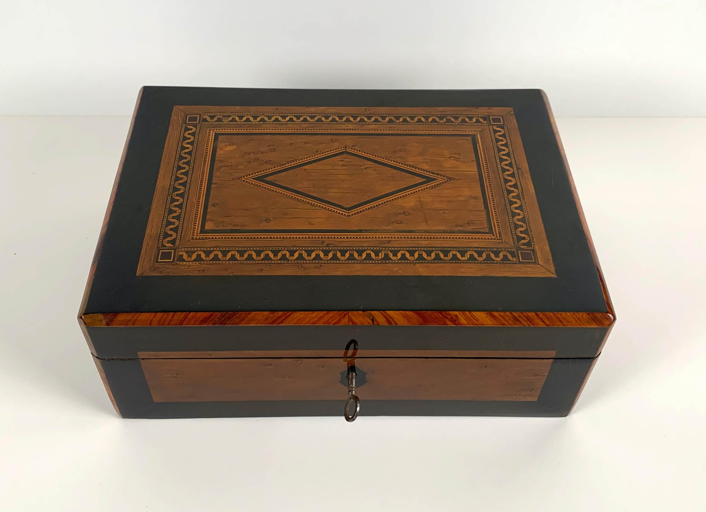 Restored neoclassical Biedermeier decorative box from Vienna/Austria, circa 1820.

Outside woods: Bird's eye maple with inlays in ebony and maple. Rosewood veneer around the corner.
Inside wood: Ash, blackened and mirror glass.
French polished