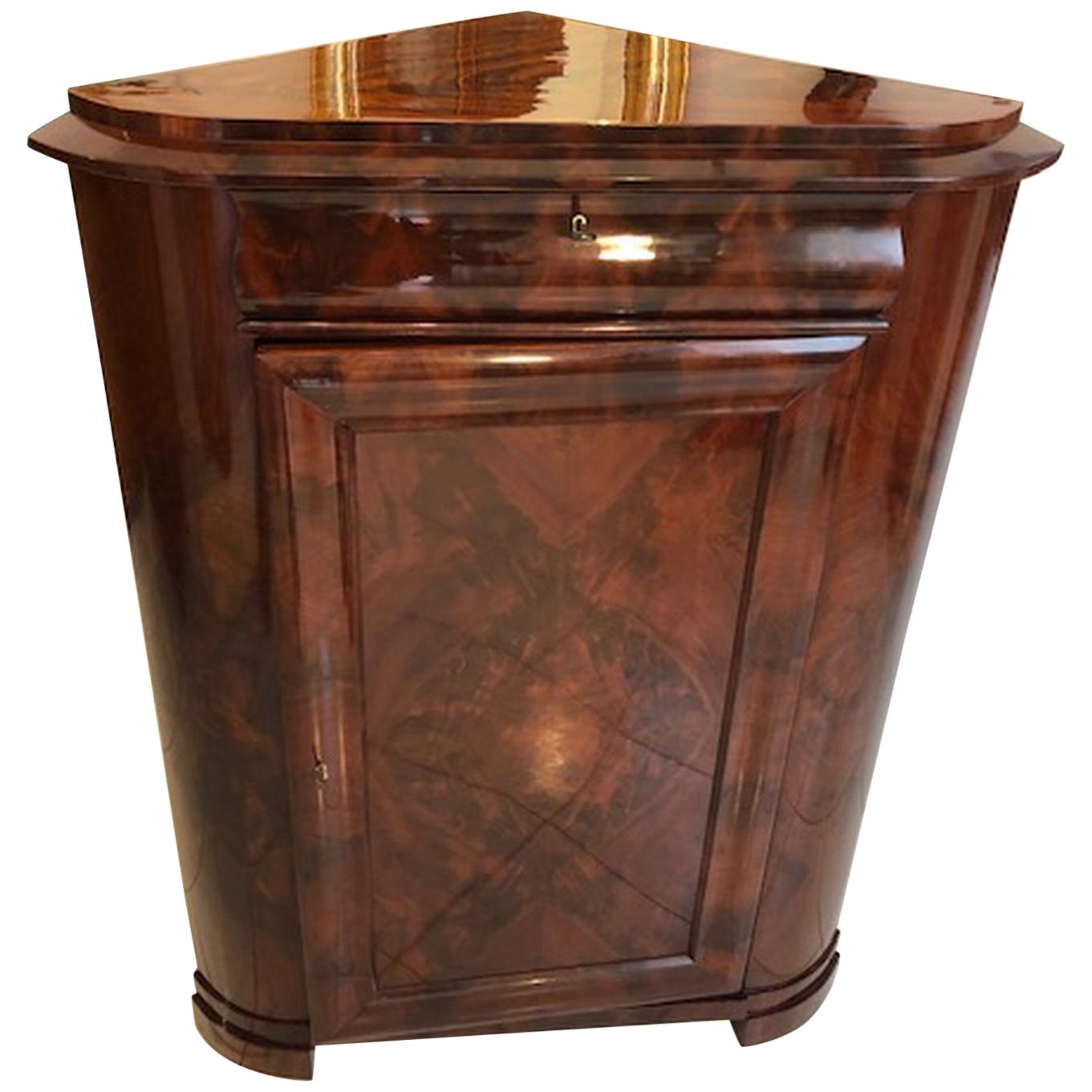 Restored Biedermeier Corner Cupboard with Stunning Dark Brown Walnut Burl For Sale