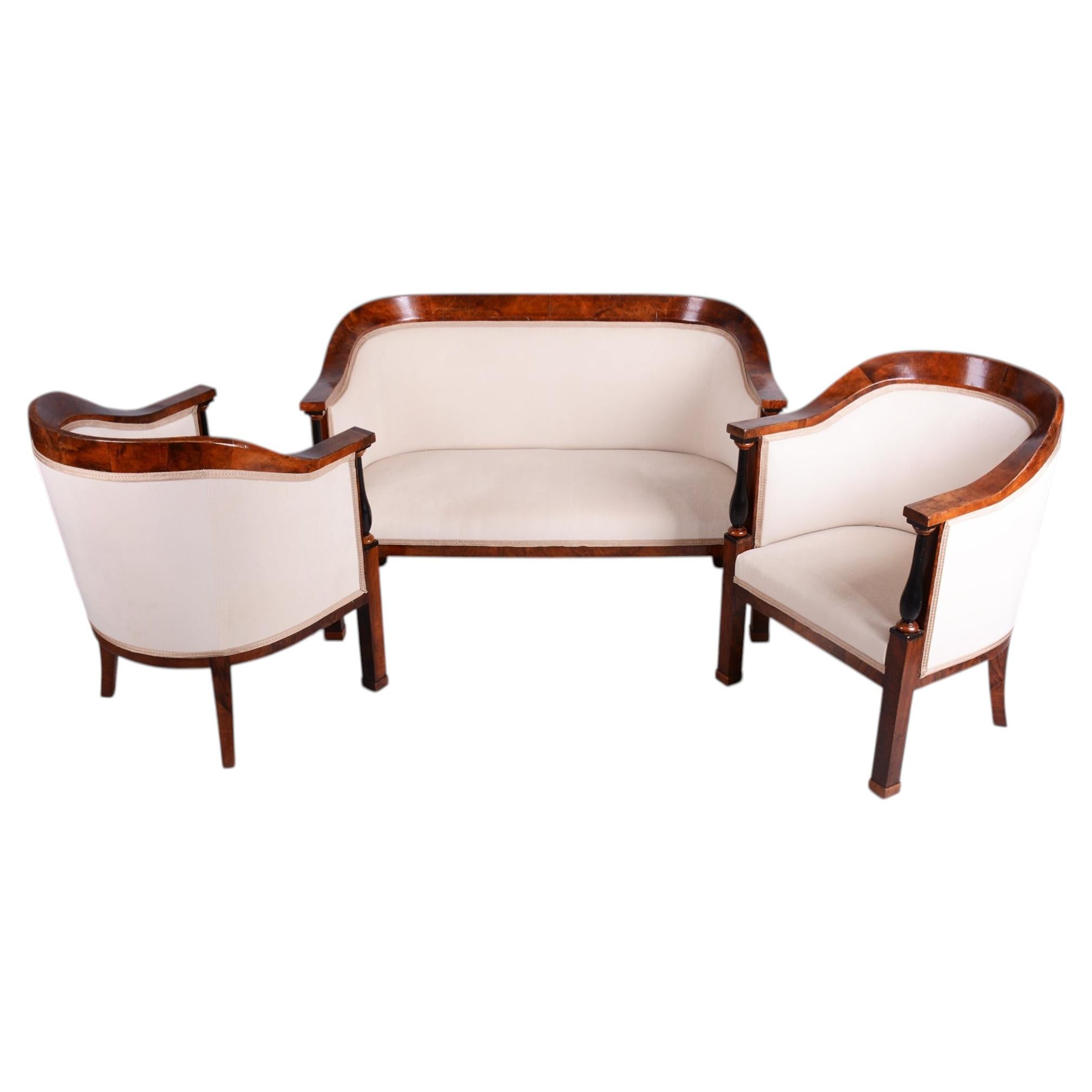 Restored Biedermeier Seating Set, Walnut, Ebony, Reupholstered, Austria, 1820s