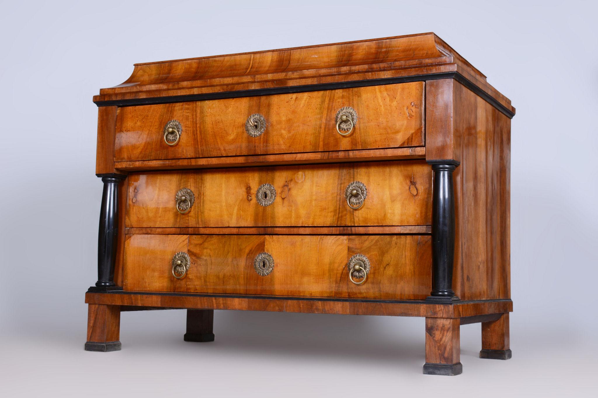 Restored Biedermeier Walnut Chest of Drawers, High Gloss, Czechia, 1820s For Sale 1