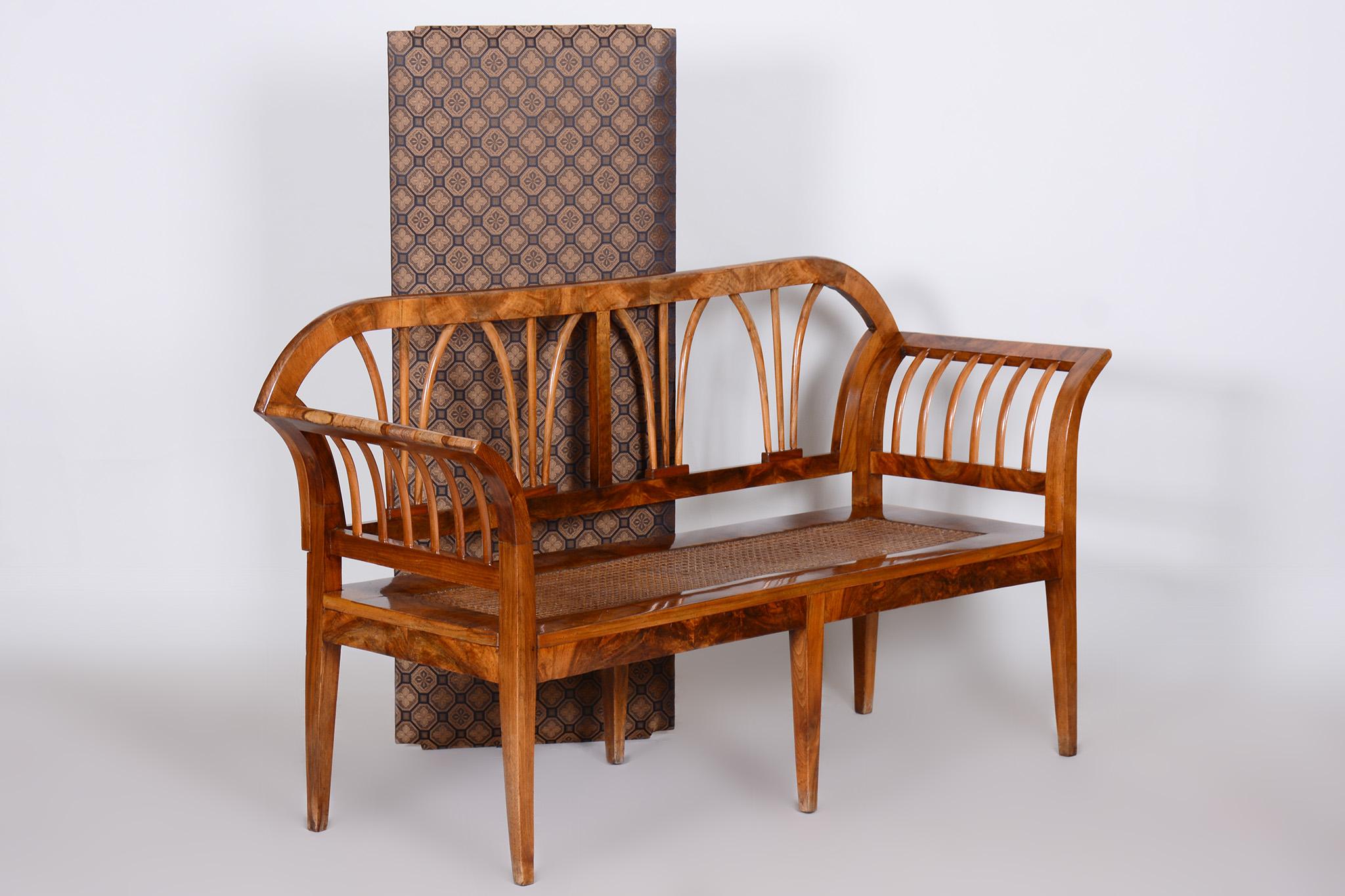 Austrian Restored Biedermeier Walnut Sofa, New Upholstery, Rattan Strings, Austria, 1820s For Sale