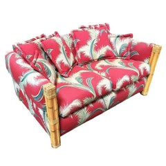 Restored "Big King" Plush Over Stuffed Rattan Settee Sofa W/ 4 Strand Arms, Pair