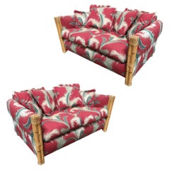 Restored "Big Kings" Plush Rattan Loveseat Sofa With 4 Strand Arms, Pair