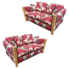 Vintage Restored "Big Kings" Plush Rattan Loveseat Sofa With 4 Strand Arms, Pair