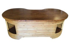 Restored Biomorphic Rattan & Mahogany Coffee Table W Cubby Storage