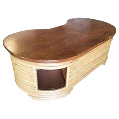 Used Restored Biomorphic Rattan & Mahogany Coffee Table W Cubby Storage