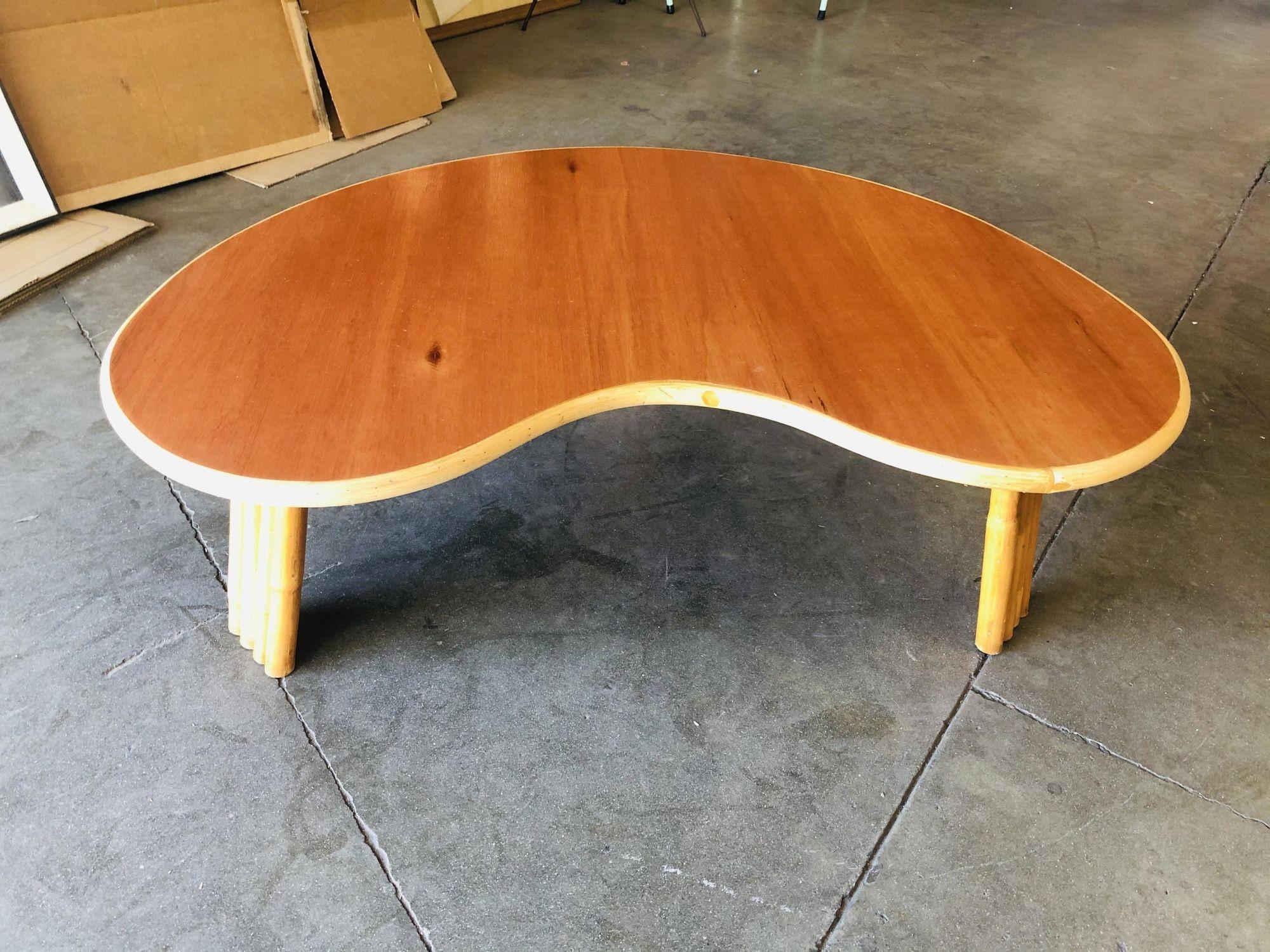 American Restored Biomorphic Rattan & Mahogany Coffee Table W/ Tri Stacked Legs For Sale