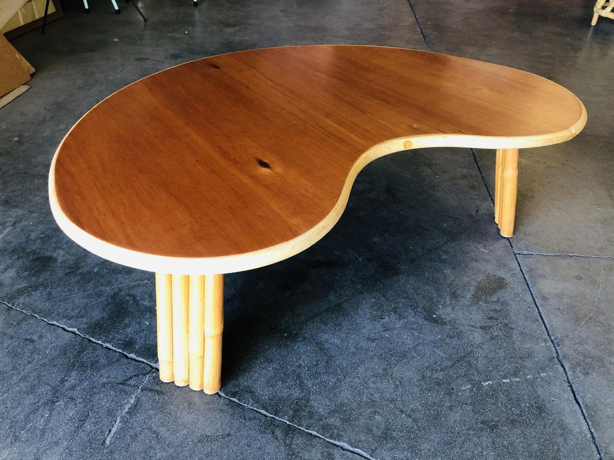 Restored Biomorphic Rattan & Mahogany Coffee Table W/ Tri Stacked Legs For Sale 3
