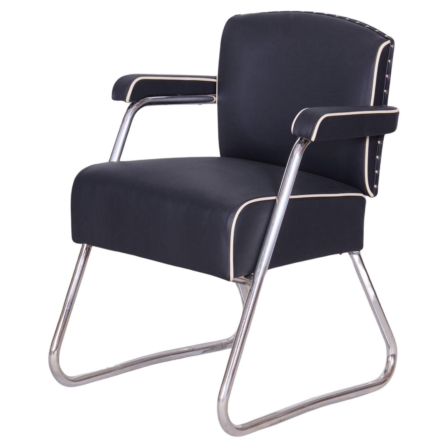 Restored Black Bauhaus Armchair, Mauser, Rohde, Chrome, Leather, Germany, 1930s For Sale