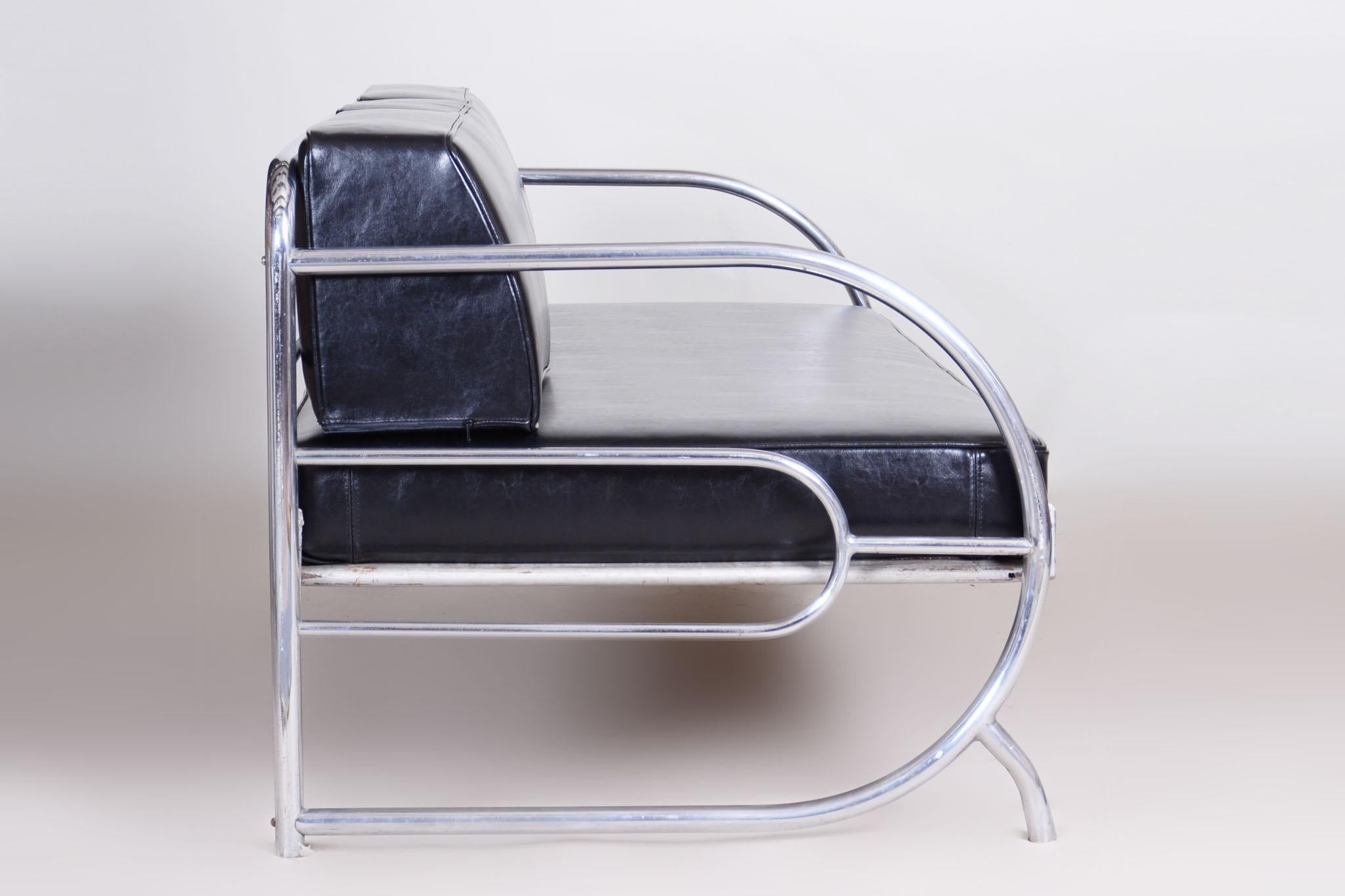 Czech Restored Black Bauhaus Sofa, Designer Robert Slezak, High-Quality Leather, 1930s For Sale
