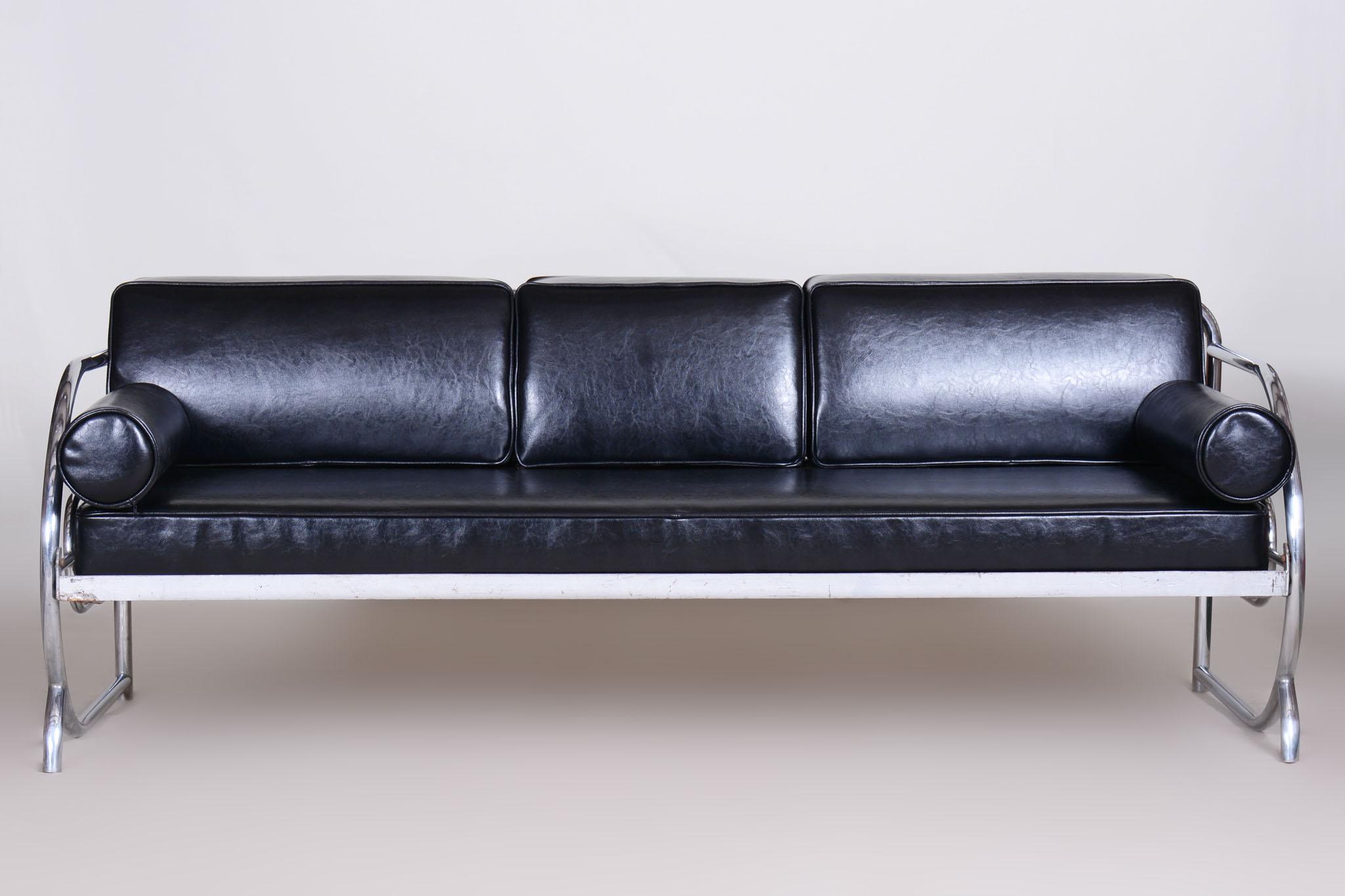 Restauriertes schwarzes Bauhaus-Sofa, Designer Robert Slezak, hochwertiges Leder, 1930er Jahre (Stahl) im Angebot