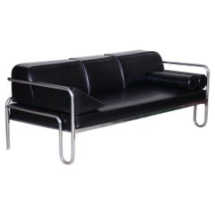 Restored Black Bauhaus Sofa, High-Quality Leather, Chrome-Plated Steel, 1930s