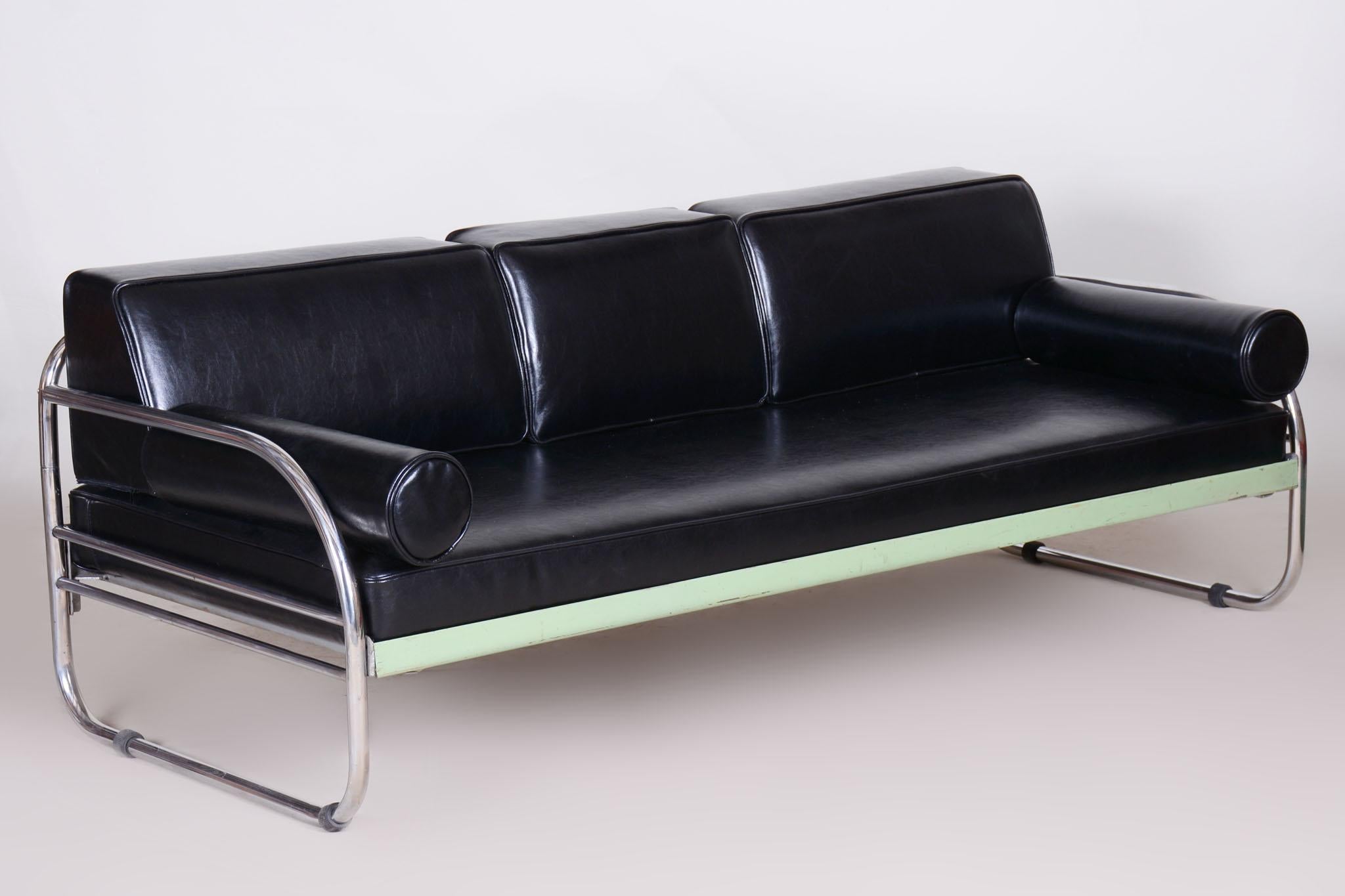 Restauriertes schwarzes Bauhaus-Sofa, Robert Slezak, hochwertiges Leder, Chrom, 1930er Jahre (Mitte des 20. Jahrhunderts) im Angebot