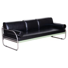 Restored Black Bauhaus Sofa, Robert Slezak, High-Quality Leather, Chrome, 1930s
